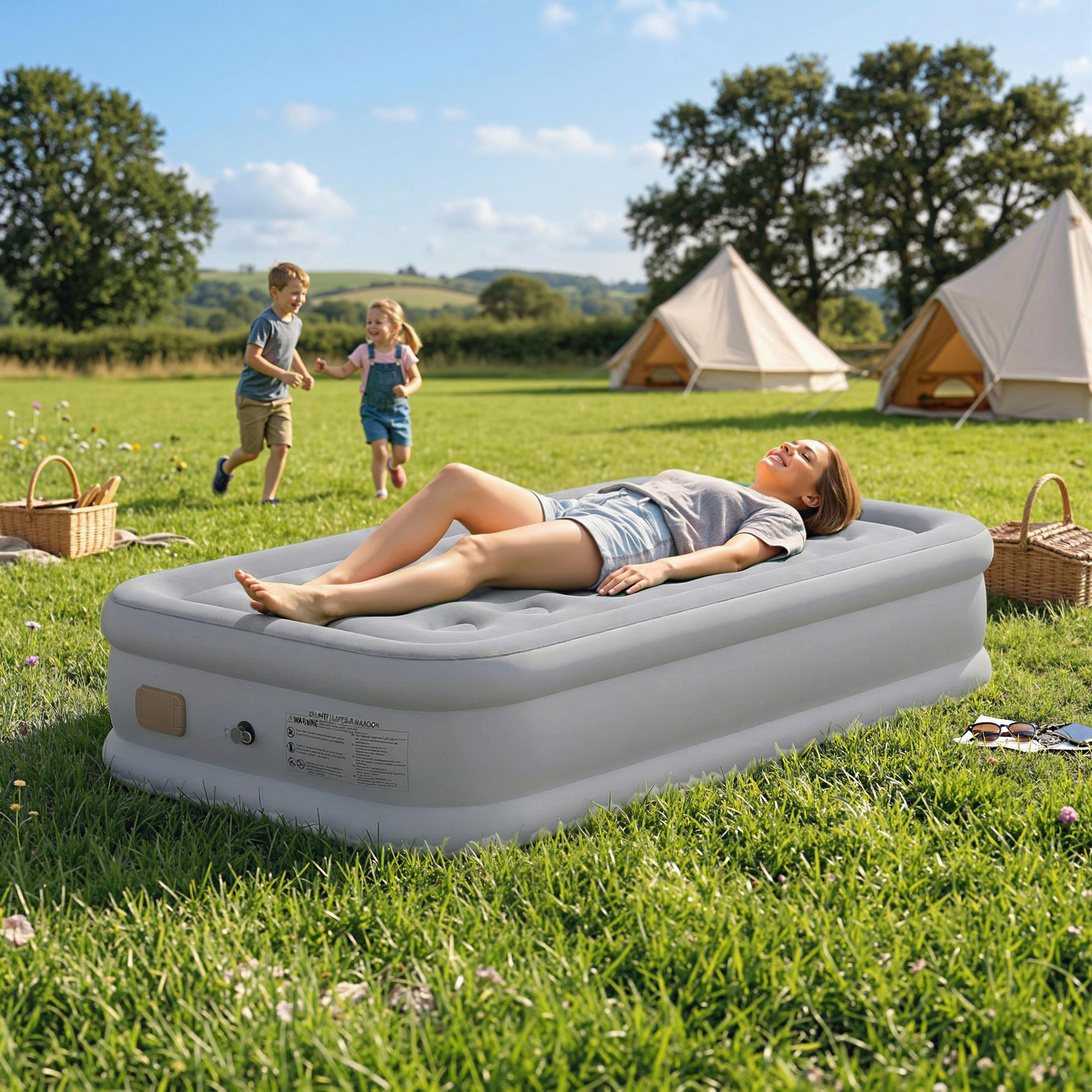 Luftmatratze, 1 Person, selbstaufblasend, Luftbett mit Integrierter elektrischer Pumpe in 3 Minuten Beflockte Oberfläche