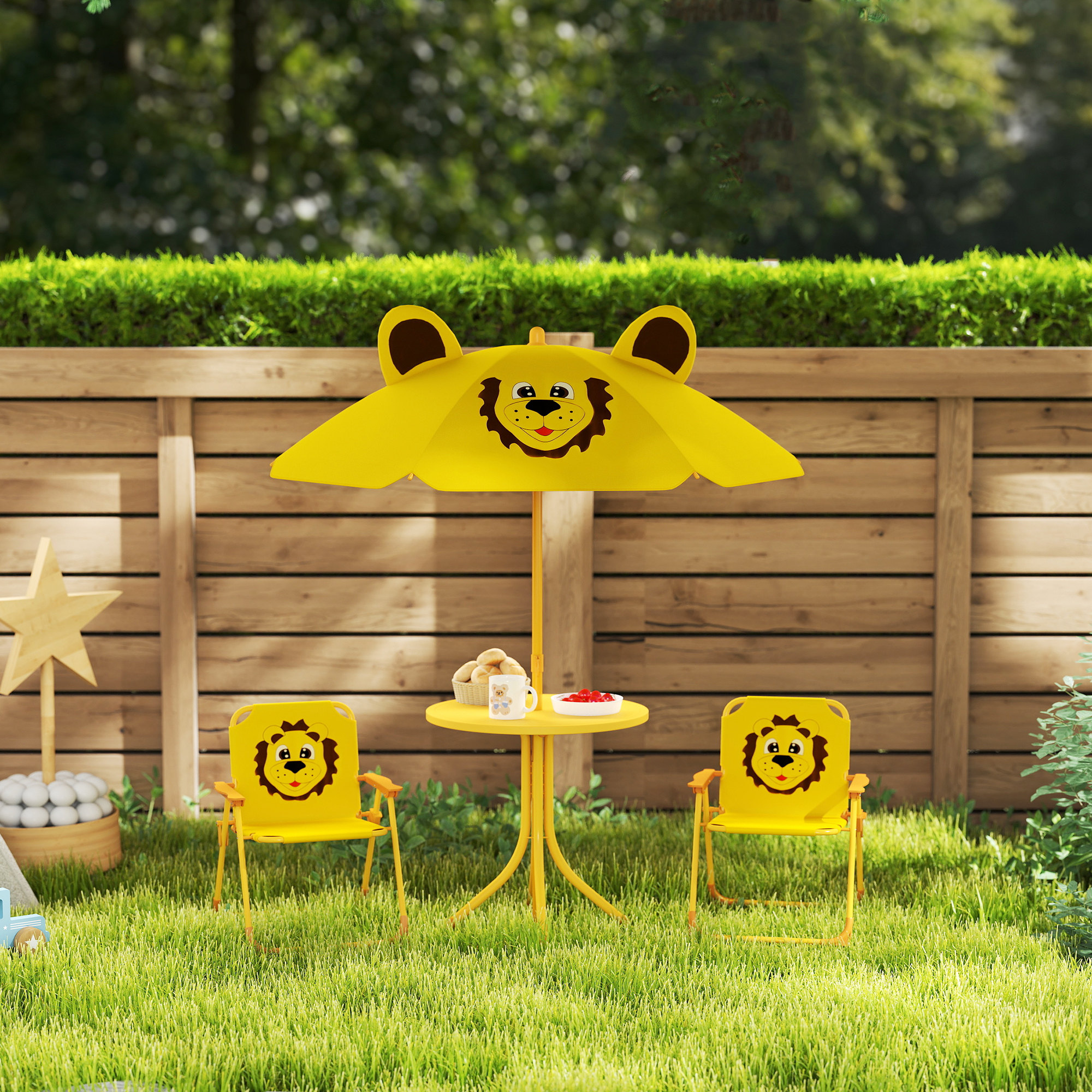Gartenmöbel-Set für Kinder, Stühle, Tisch, Sonnenschirm, Löwen-Design, Gelb