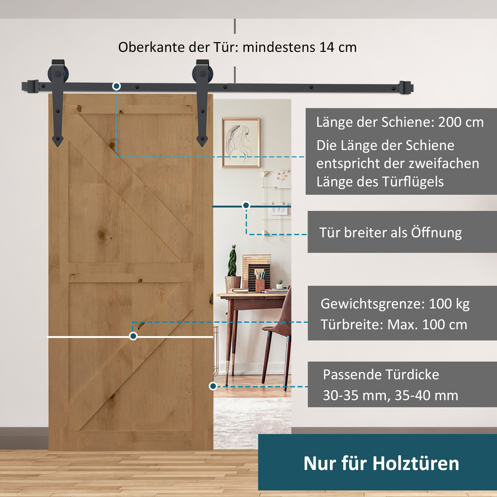 Gleitschienen-Bausatz für Schiebetüren, Metall, 2 m, max. 100 kg Belastbarkeit, Braun