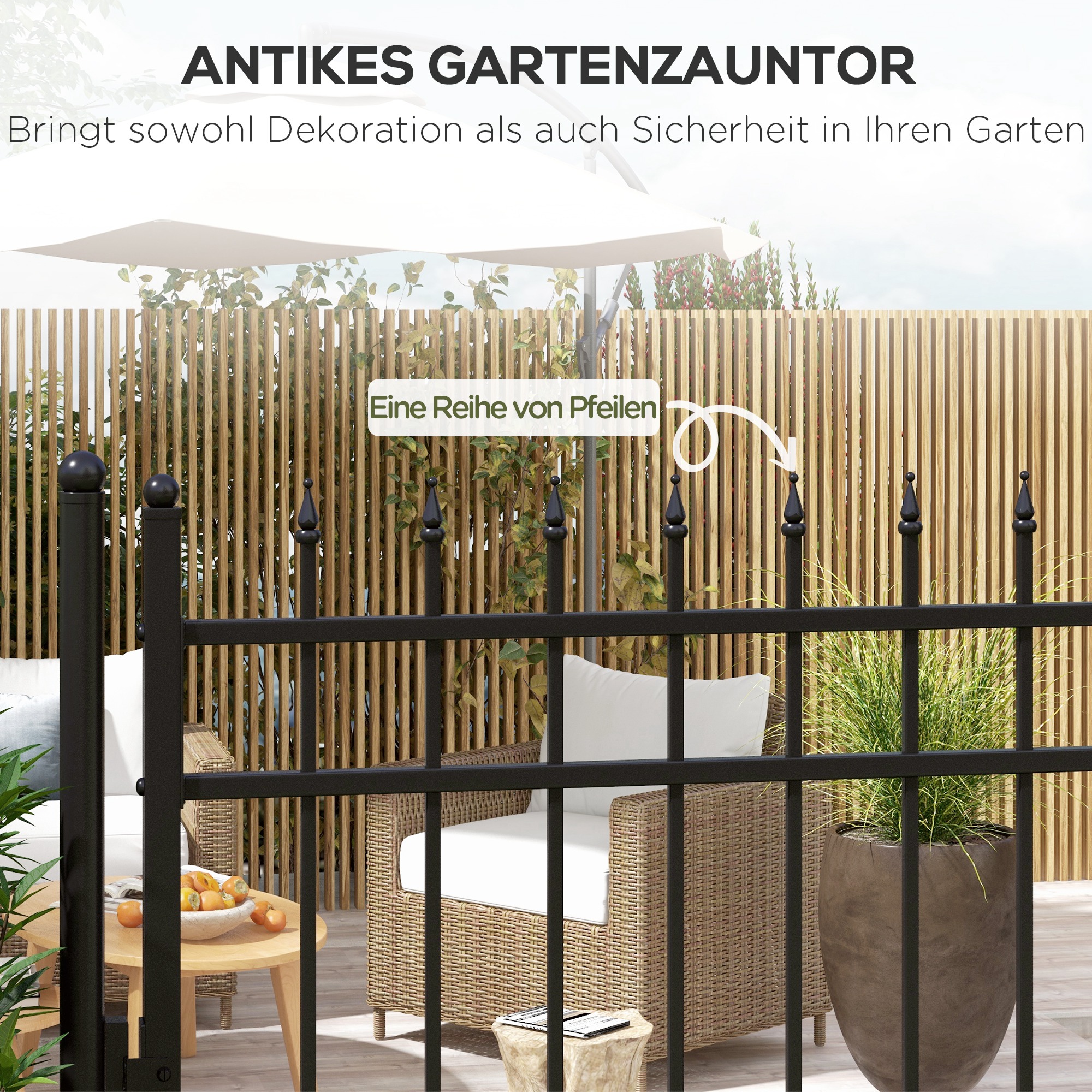 Gartentor, Schloss und Schlüssel, dekorative Spitzen, rostfreier Stahl, 107x204cm, Schwarz