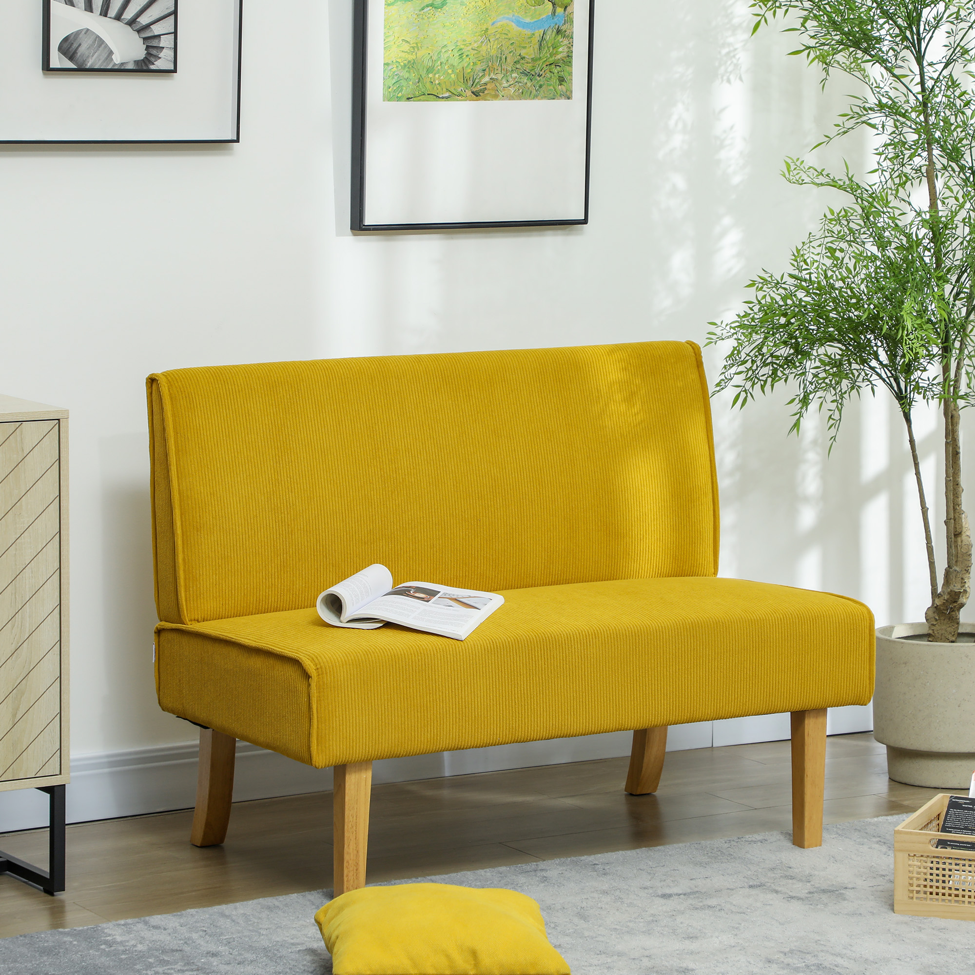 Zweisitzer-Sofa mit Cord-Bezug, dicker Polsterung und soliden Holzbeinen für Wohnzimmer, Schlafzimmer, Büro, Gelb