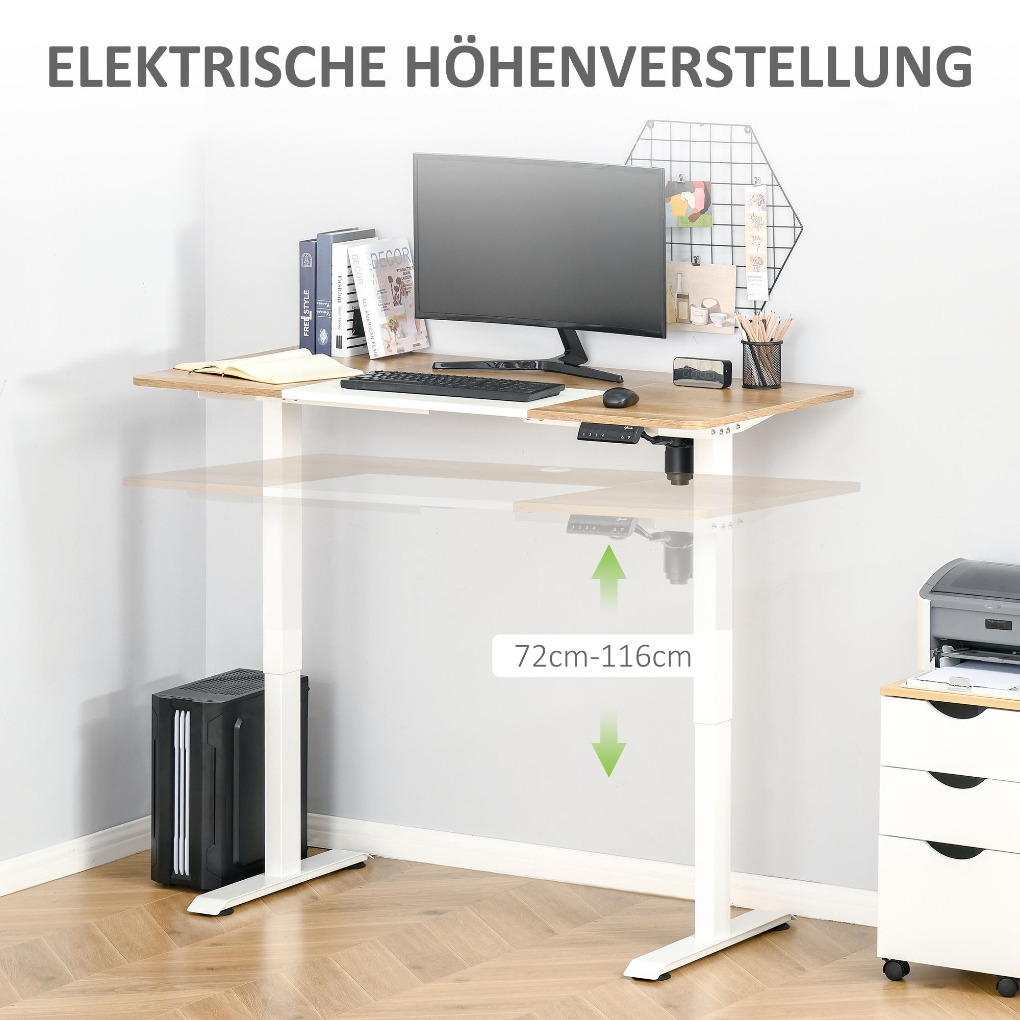höhenverstellbarer Schreibtisch elektrisch 140 x 70 cm Computertisch mit 4 Memory-Steuerung, 4 tlg. Tischplatte, Steh-Sitz Tisch mit Anti-Kollision, Überhitzungsschutz Weiß