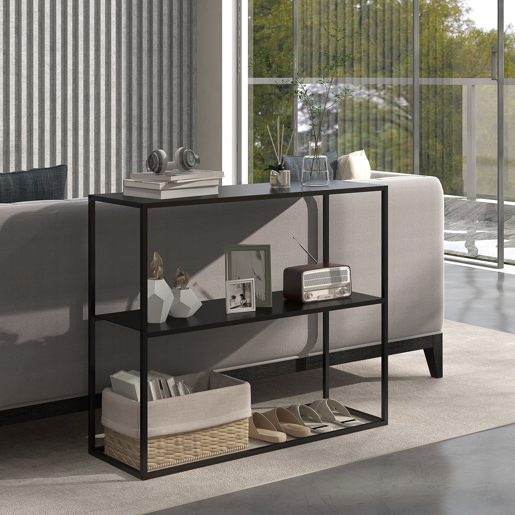 Konsolentisch, Sideboard, 2 Etagen, pulverbeschichteter Stahl, 90 x 30 x 75cm, schwarz