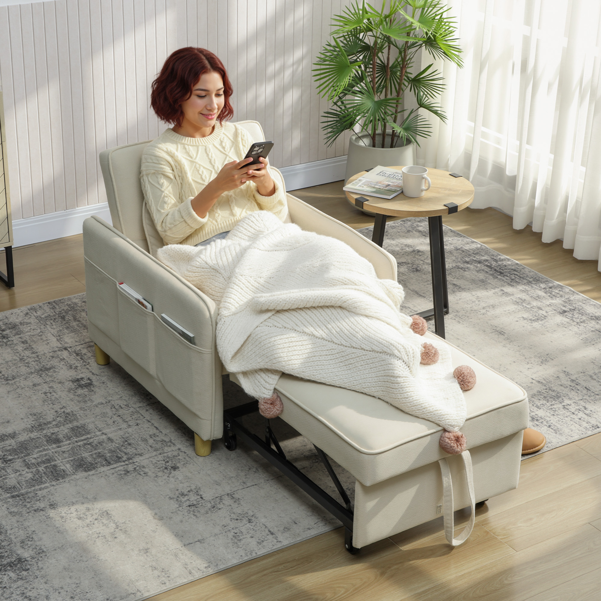 Schlafsessel 3 in 1 Umwandelbarer Sessel mit Bettfunktion, Breiter Sitzfläche für Wohnzimmer, Beige