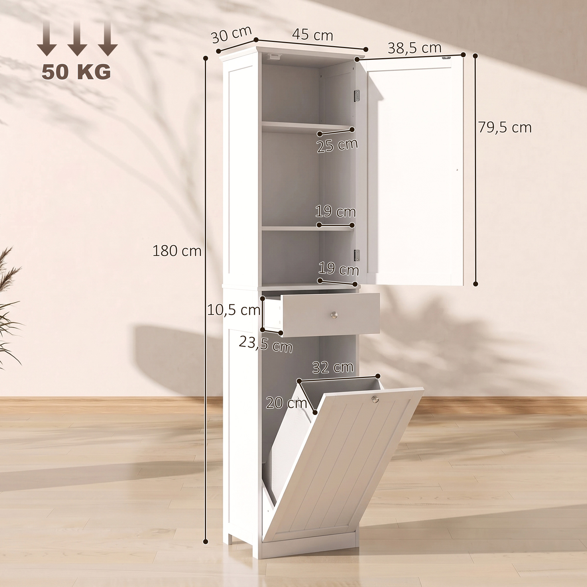 Hochschrank Badezimmer mit Kippbarem Wäschefach Badschrank Schmal 180cm Weiß