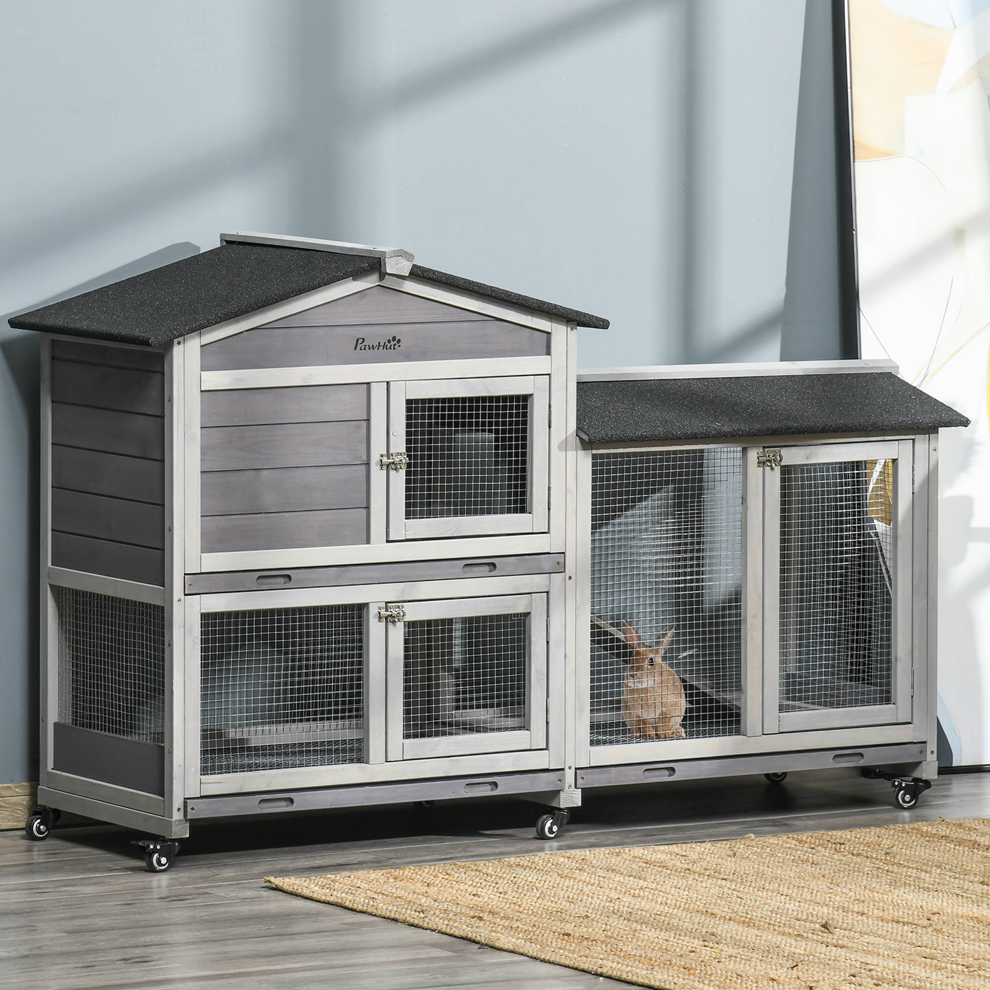 Hasenstall 2 Etagen Kaninchenstall aus Holz 157,4 x 53 x 99,5 cm Kaninchenkäfig mit wetterfest Bitumendach, Freilaufgehege, Rampe, Tür, Stahlgitter, Hasenkäfig für Kaninchen, Outdoor Grau