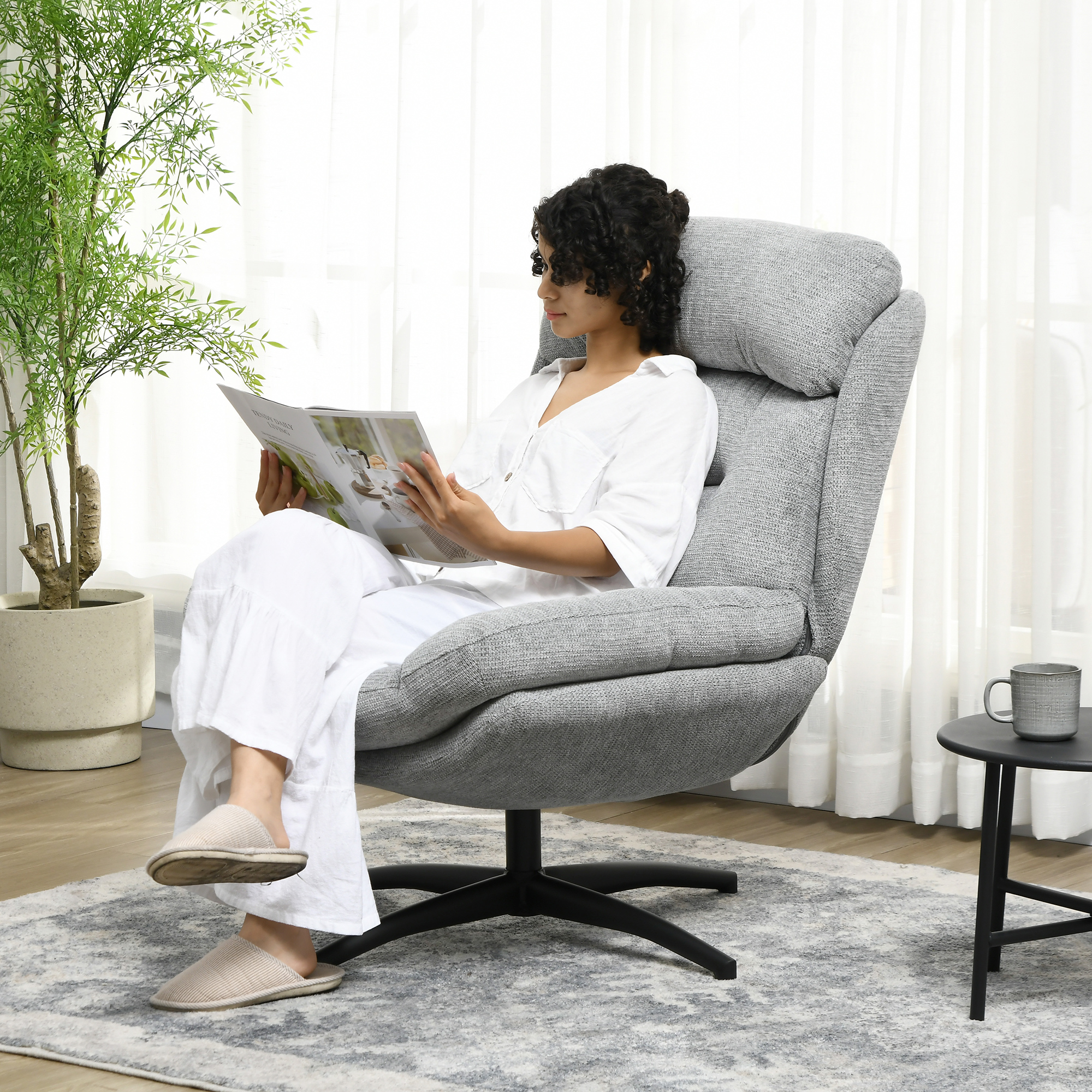 Drehsessel, 360-Grad-Drehung, Chenille-Stoff, integrierte Armlehnen, Stahlbeine, Grau, Schwarz