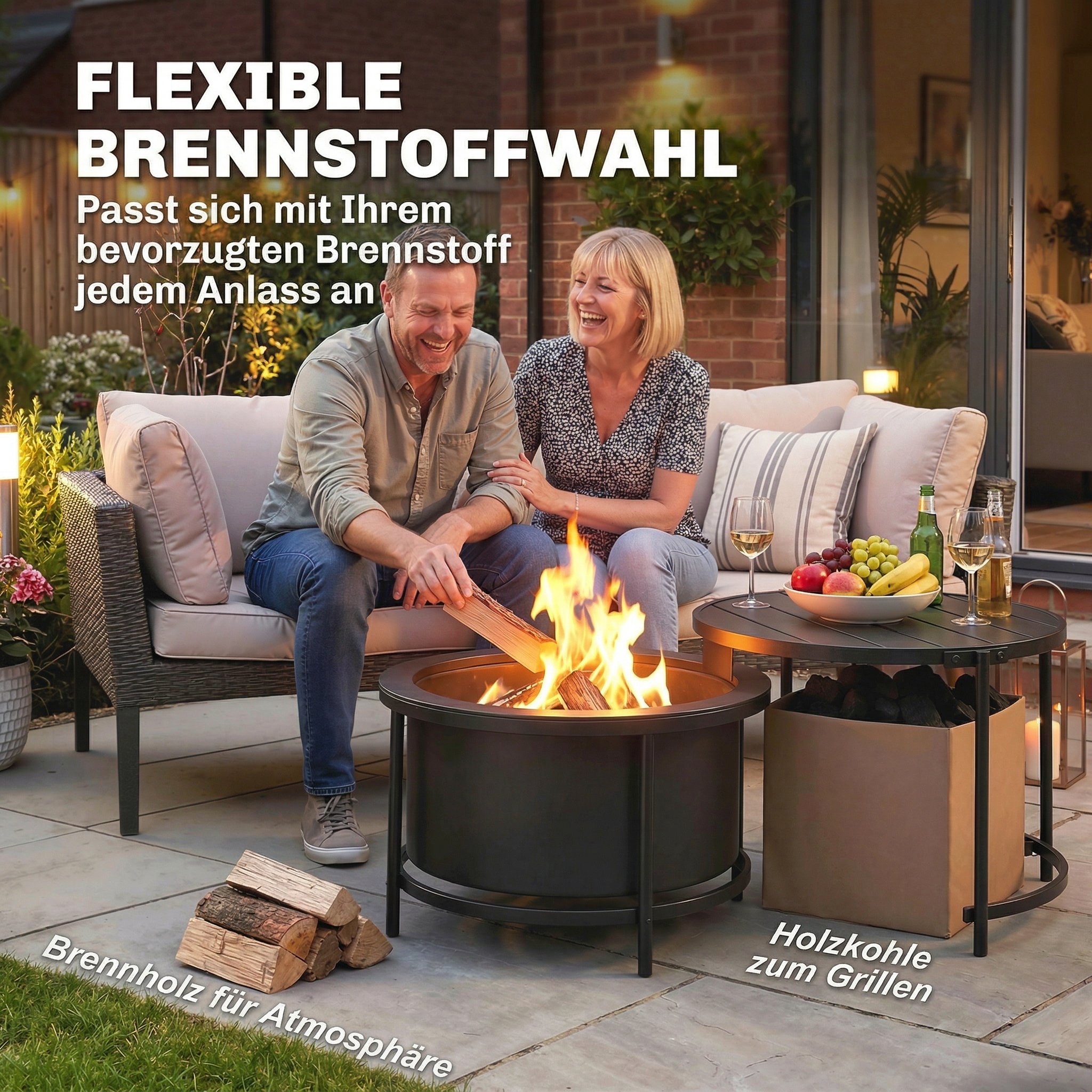 Feuerschale 66 x 63 x 41 cm Rund Feuerstelle mit Grillrost Schürhaken Deckel Ständer Schwarz
