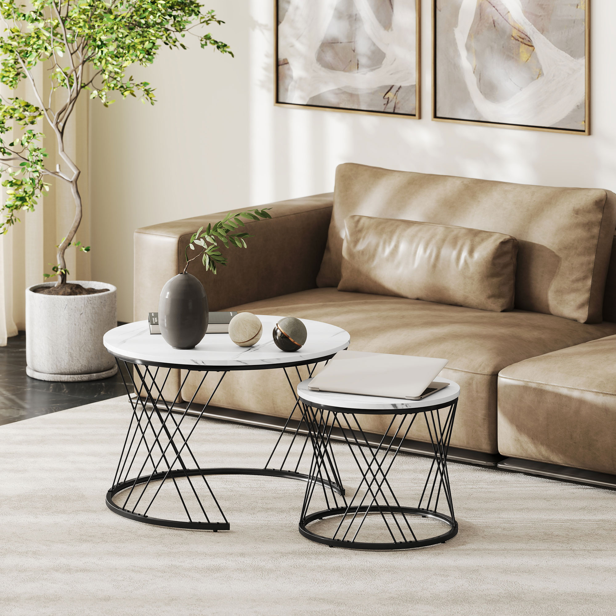 Couchtische im 2er-Set, Marmoroptik, Spanplatte, Metall, runde Kaffeetische für Wohnzimmer, ineinanderstellbar, Weiß