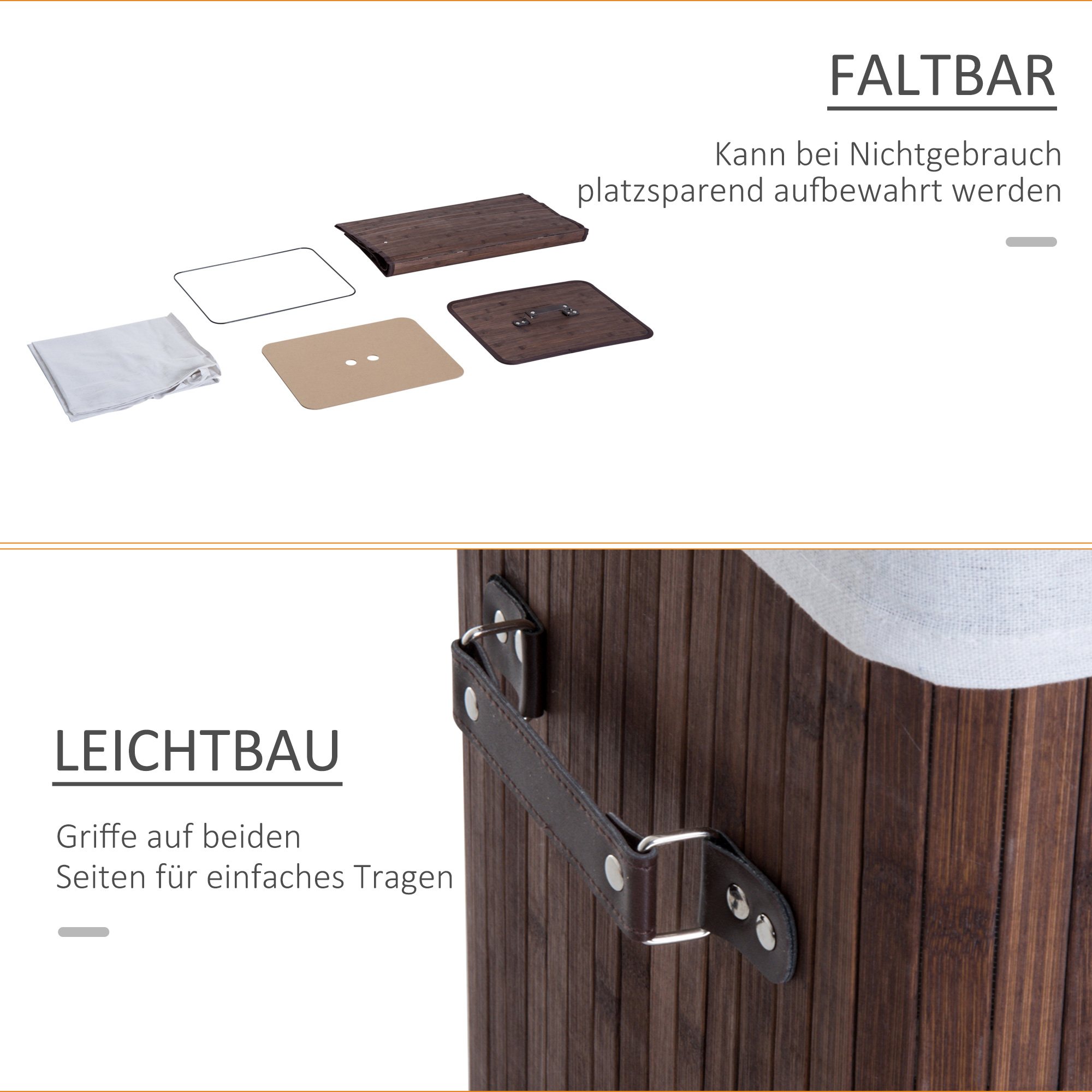 Wäschekorb schmal mit Deckel 72L Wäschesammler mit Griff, herausnehmbarer Wäschesack, Wäschebox für Waschküche Schlafzimmer Badezimmer, Dunkelbraun
