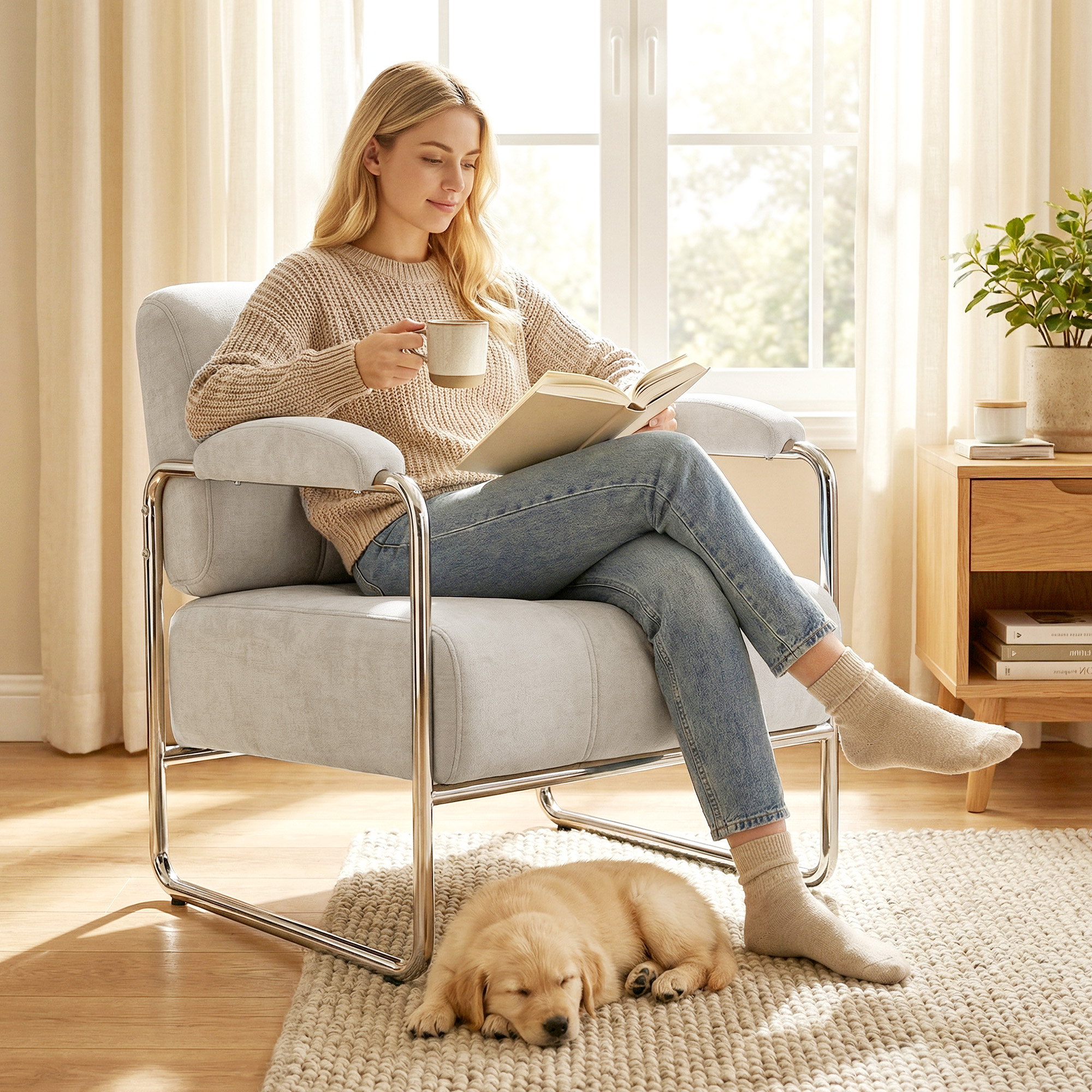 Moderner Sessel, Akzentstuhl mit breitem Sitz und dicker Polsterung, Chenille-Polsterstuhl fürs Wohnzimmer, Beige