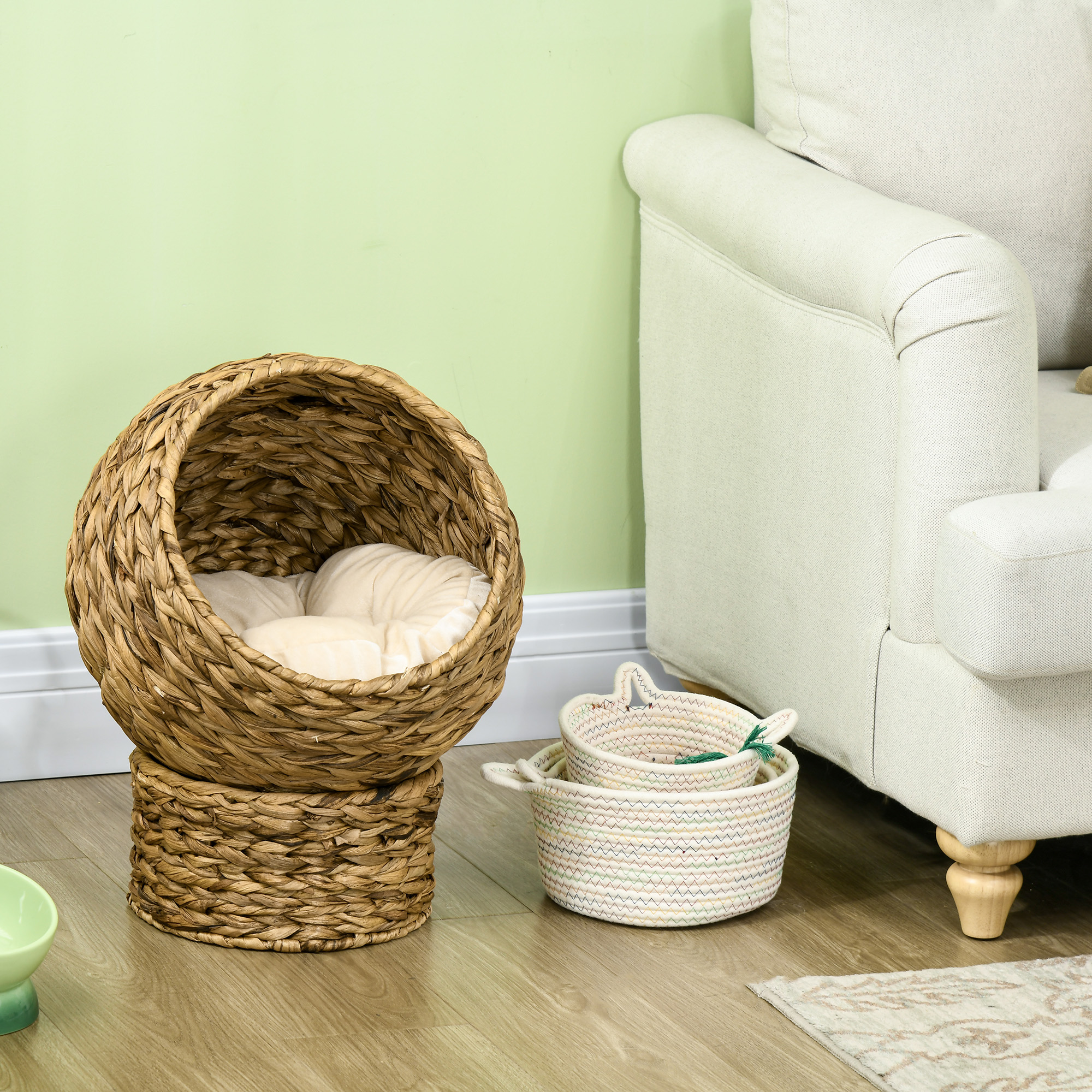 Rattan Katzenkorb Katzenhöhle Katzenhütte Katzenbett mit Kissen Haustierbett Wasserhyazinthe Braun 40 x 37 x 51 cm