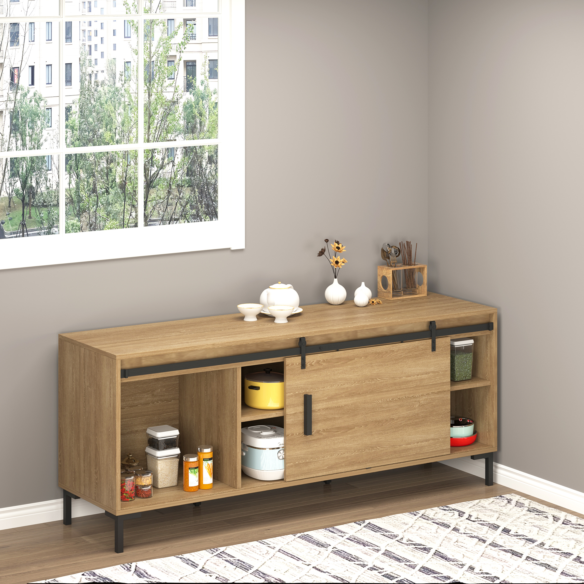 183 cm Schiebetür Komplettset Schiebetürbeschlag mit Bodenführung, Schiebetür Laufschiene, Laufrollen Schiebetürsystem für Einzelholzschiebetür