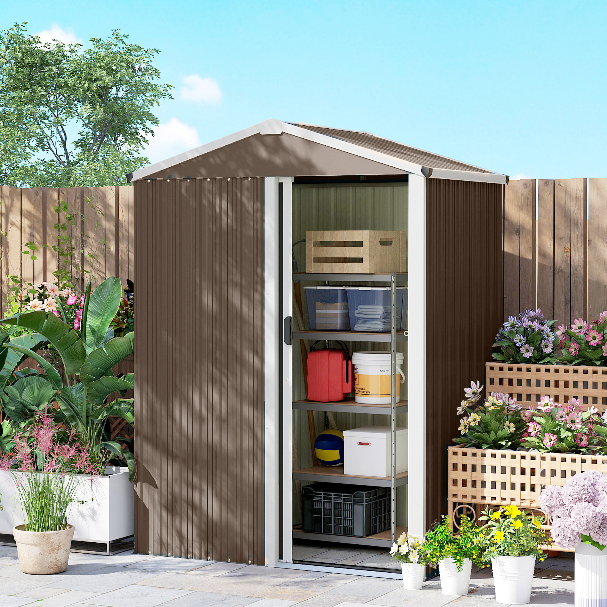 Metall Gerätehaus 1,1 m², Geräteschuppen mit Sattedach Abschließbarer Schiebetür Handschuhen, 136 x 87 x 179 cm