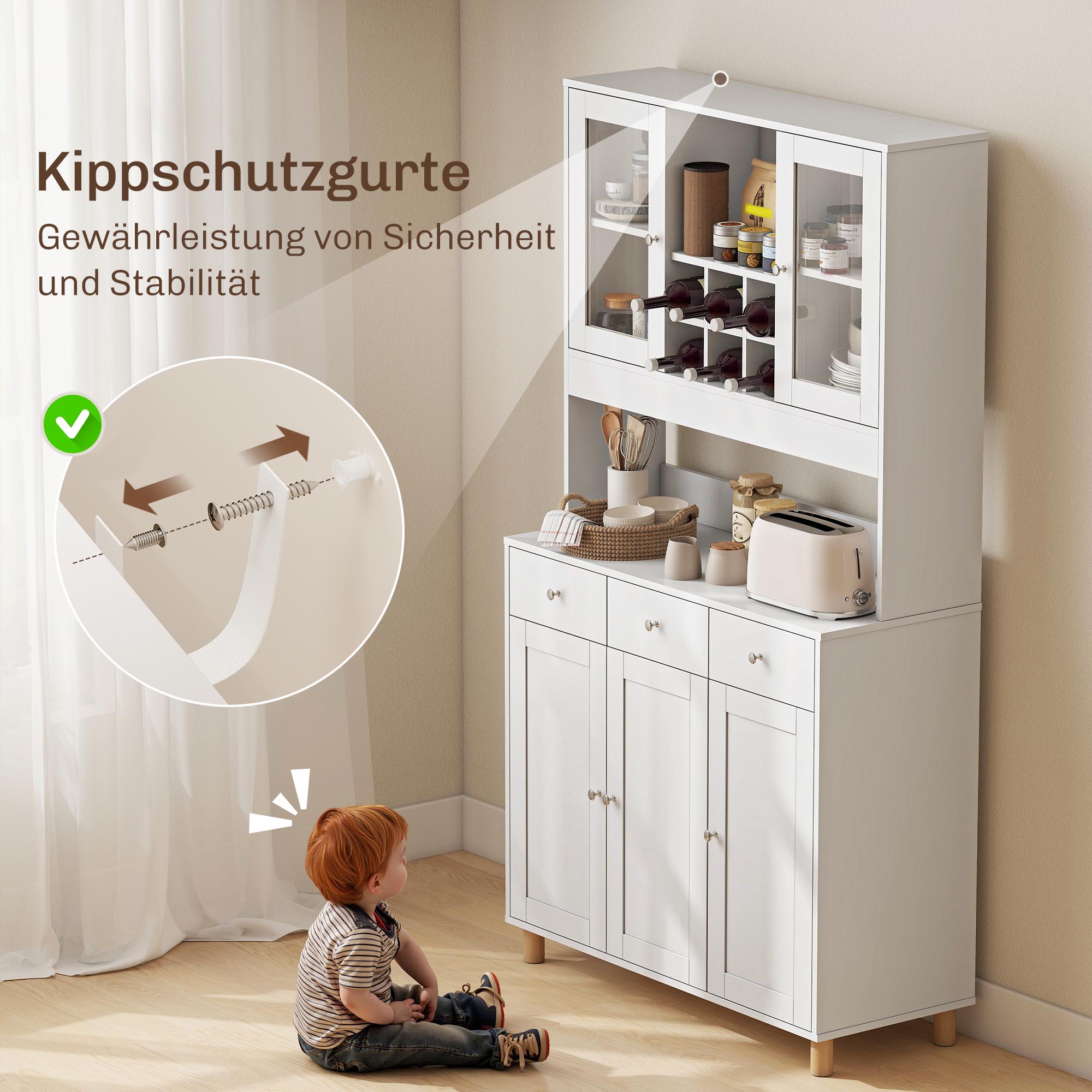 180 cm Küchenschrank, 2 Glastüren, 3 Schubladen, 4 verstellbare Regale, Esszimmerschrank, Spanplatte, Weiß