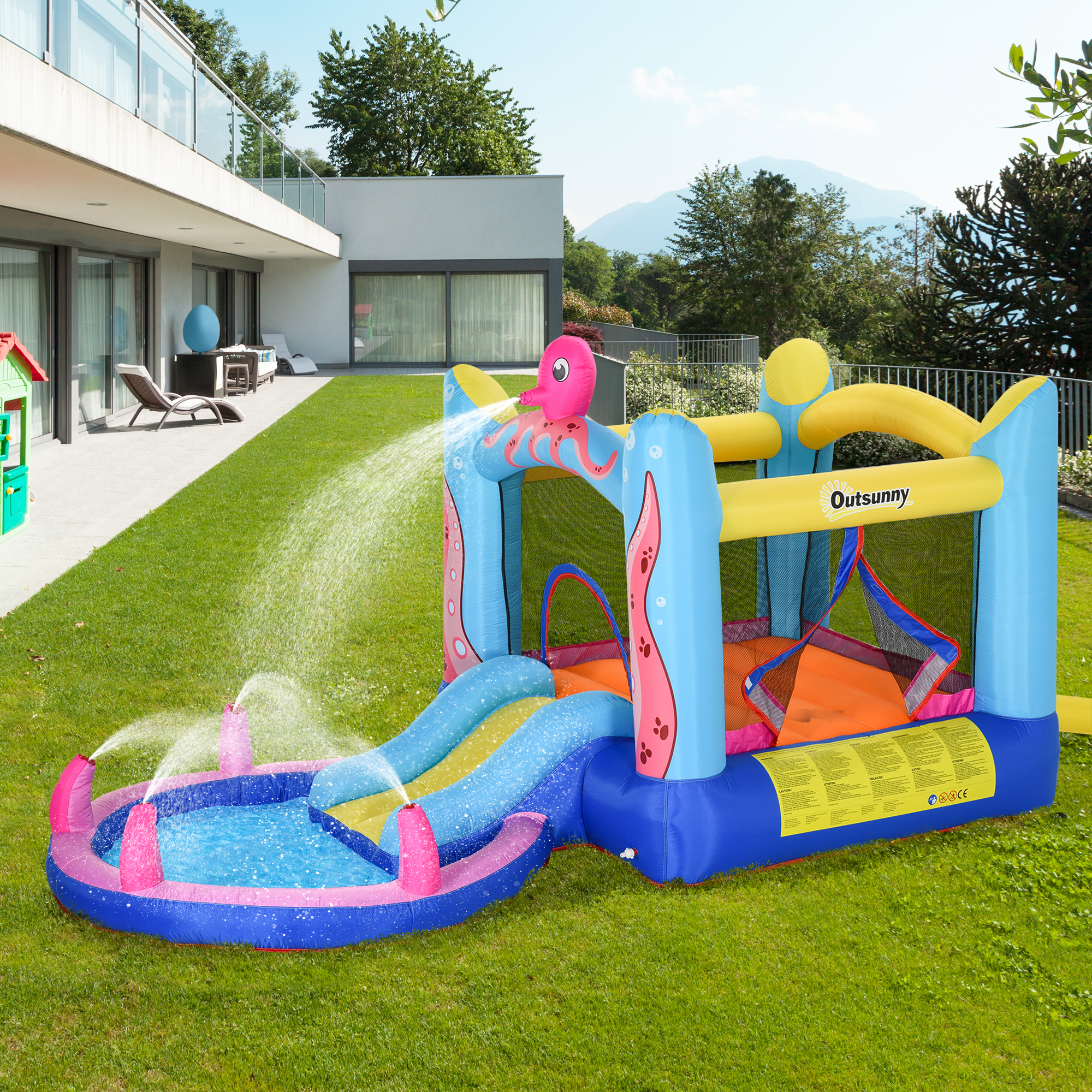 selbstaufblasende Hüpfburg inkl. Gebläse, Flicken, 1 Trampolin, 1 Wasserbecken, 1 Rutsche,  360 x 175 x 180 cm