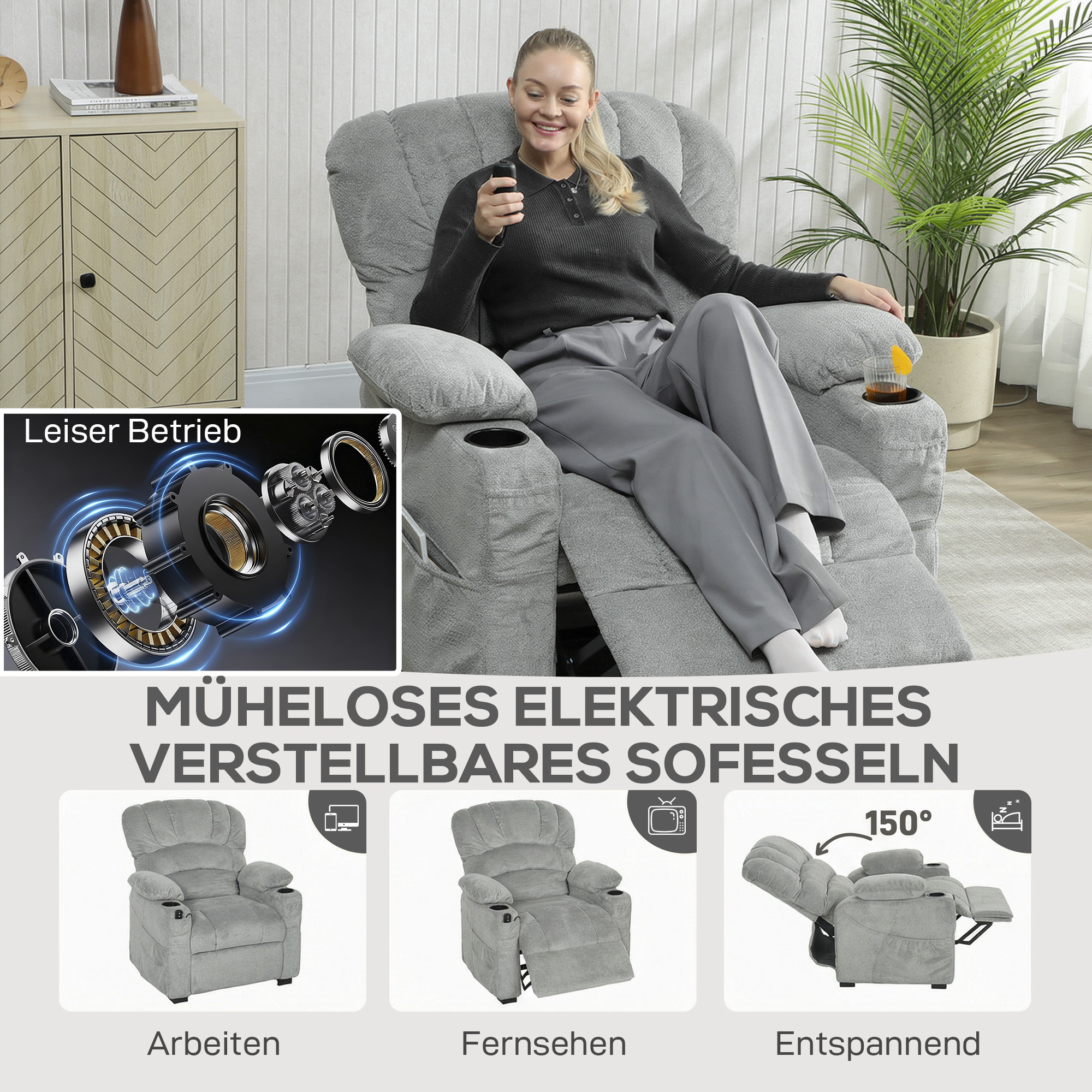 Relaxsessel Elektrisch Fernsehsessel mit Liegefunktion, USB, Getränkehalter, 2 Memory-Positionen für Wohnzimmer, Grau