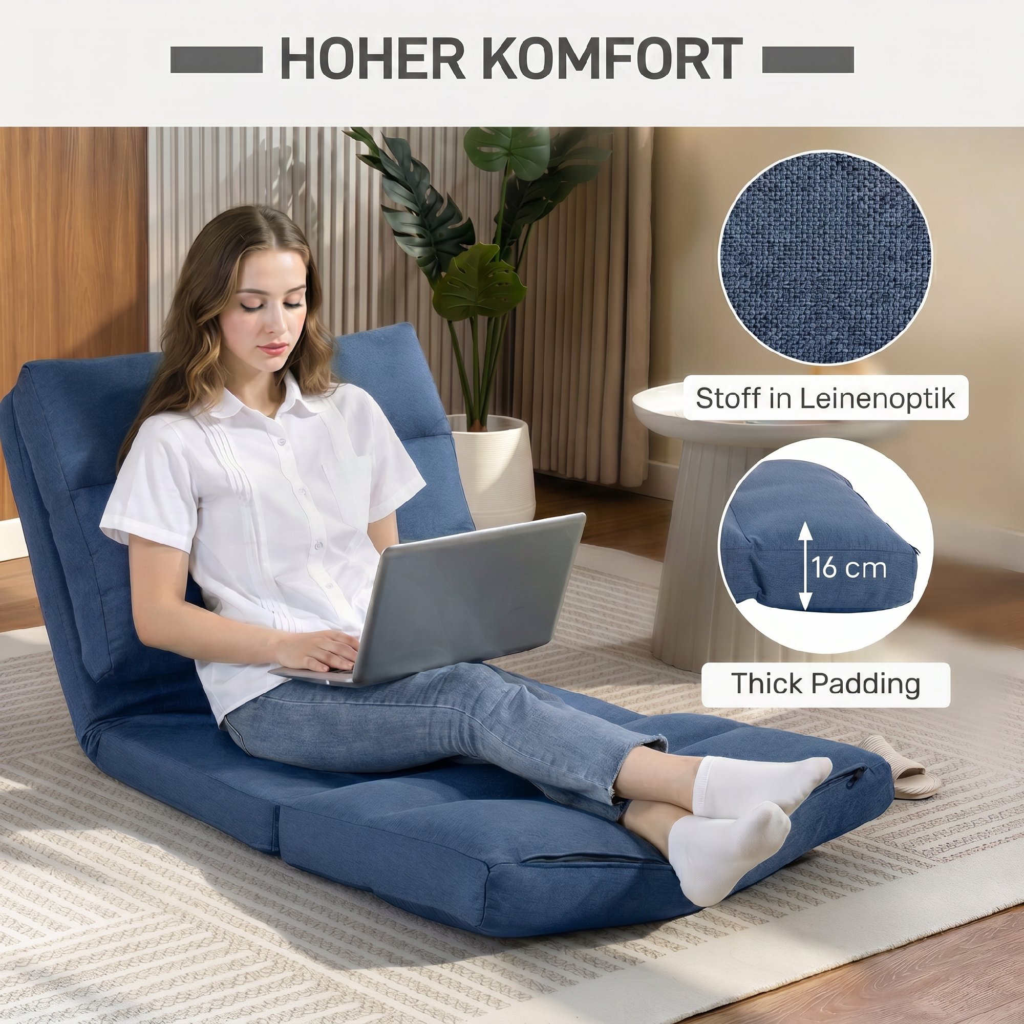 Sitzsack mit Bettfunktion, neigbare Lehne, klappbar, bis 120kg, 70 x 72 x 56 cm, Dunkelblau