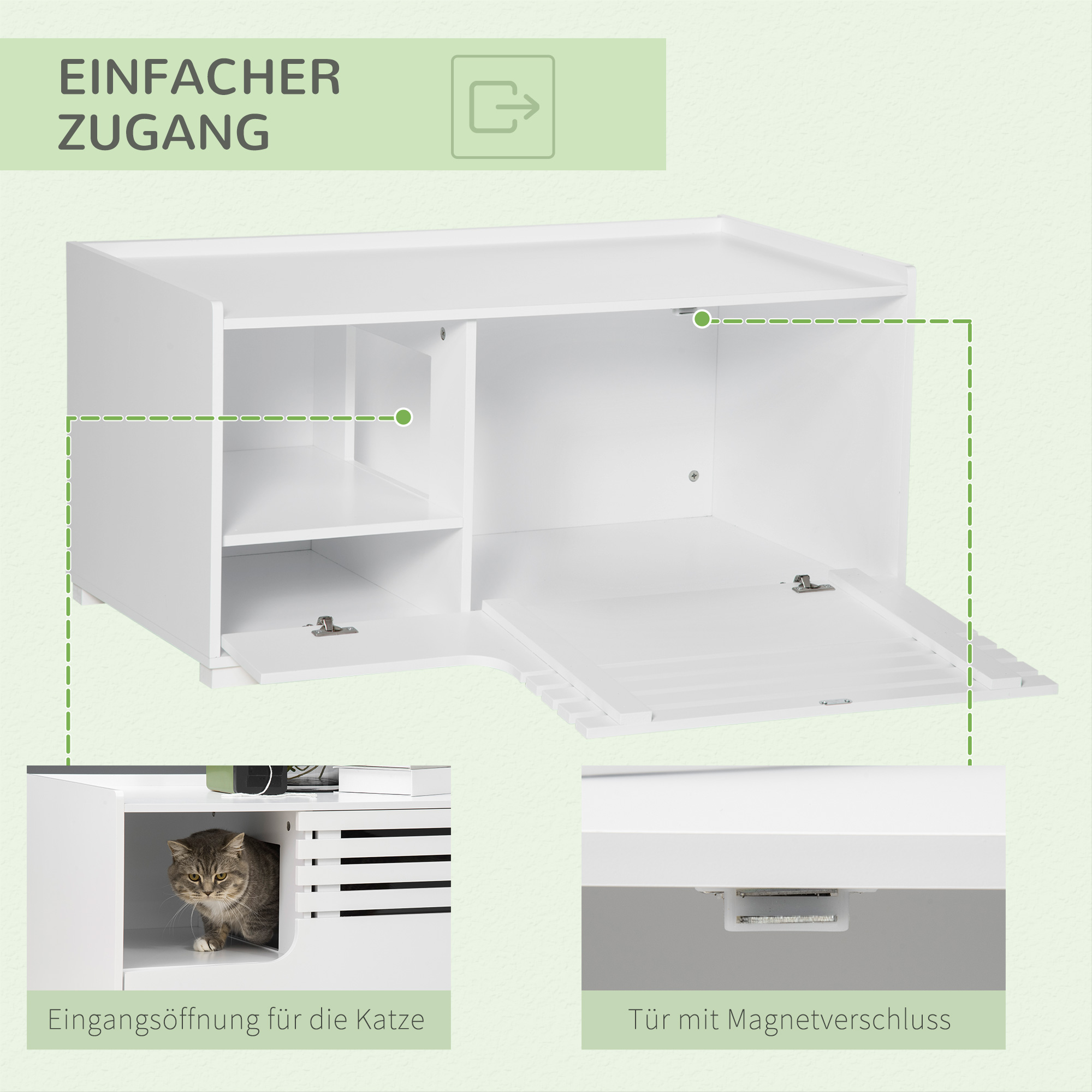 Katzenschrank mit 2 Regalen 2-in-1 Design Magnettür Weiß