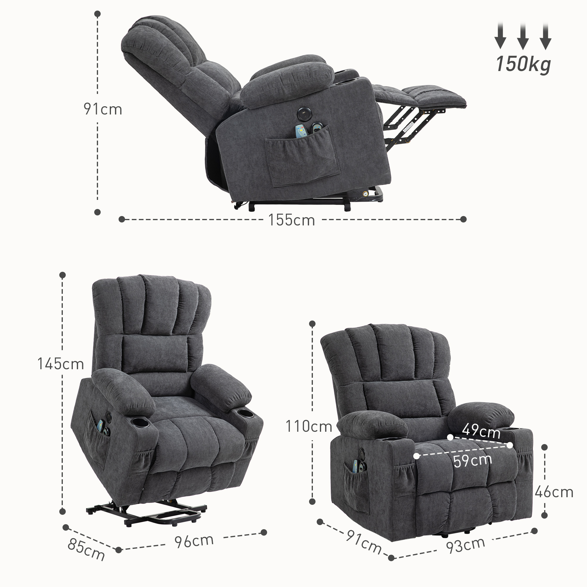 Power Lift Aufsteh-Sessel mit Massage- und Wärmefunktion, USB-Anschlüssen, Becherhaltern, Dunkelgrau
