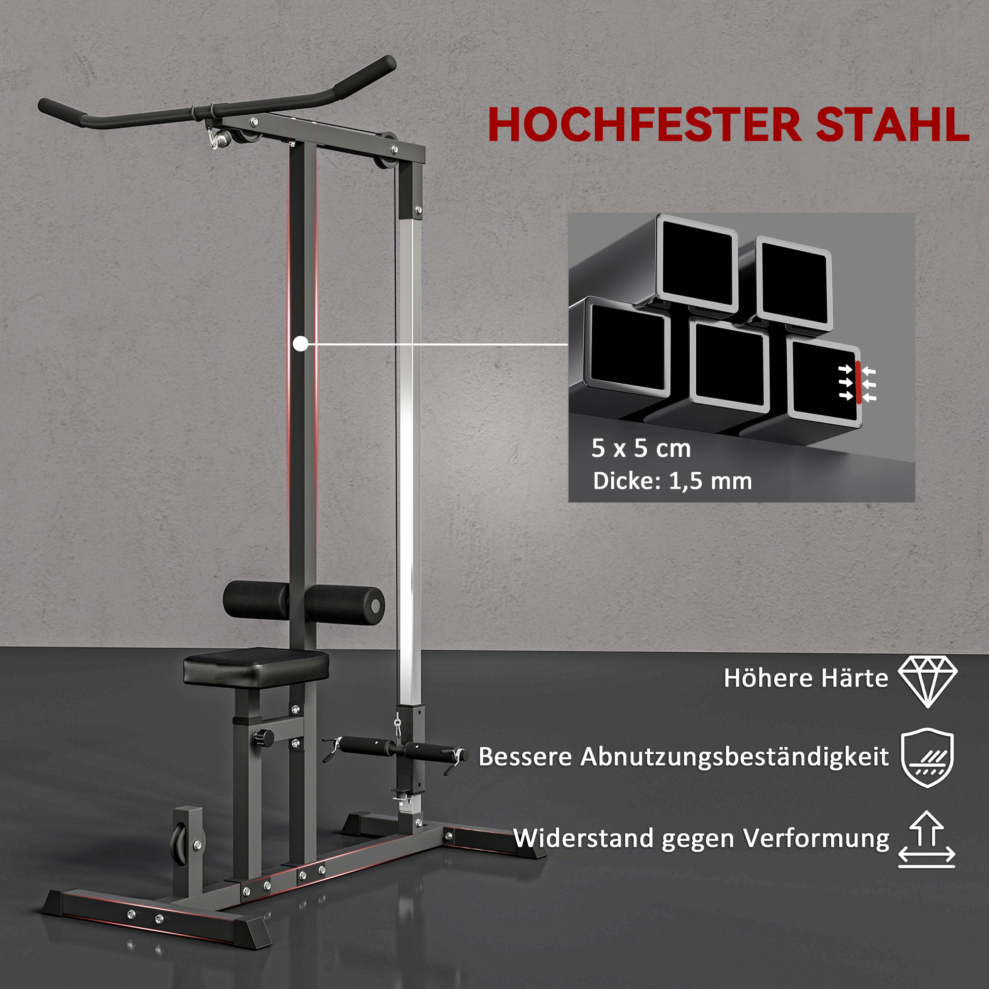Kraftstation mit Riemenscheibe Sitz verstellbar und mehreren Kabelpositionen Stahl Schwarz 107 x 120 x 190 cm