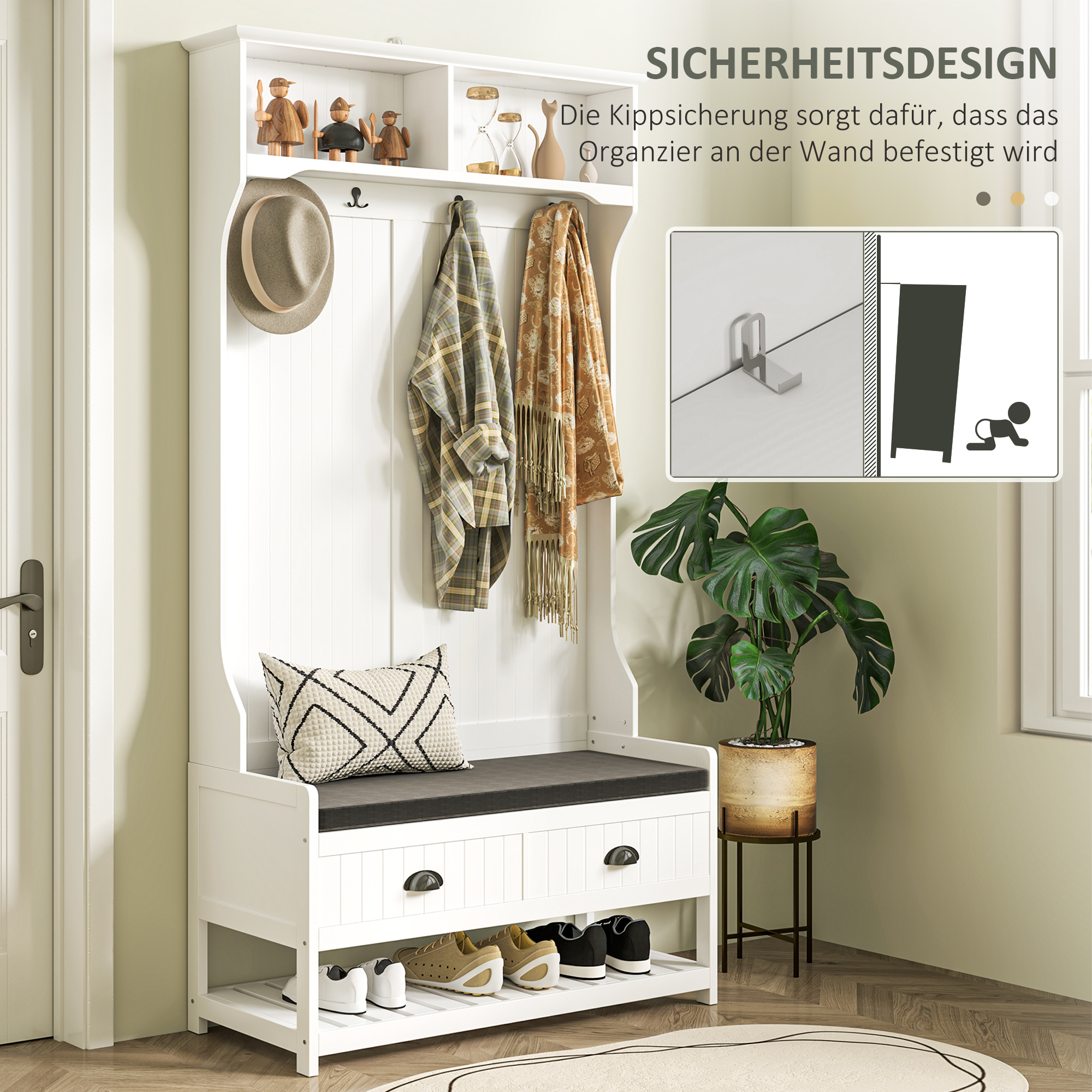 Garderobenständer mit Haken, Garderobe mit Schuhbank, für Eingangsbereich, Flur, Metall, MDF, Weiß+Grau
