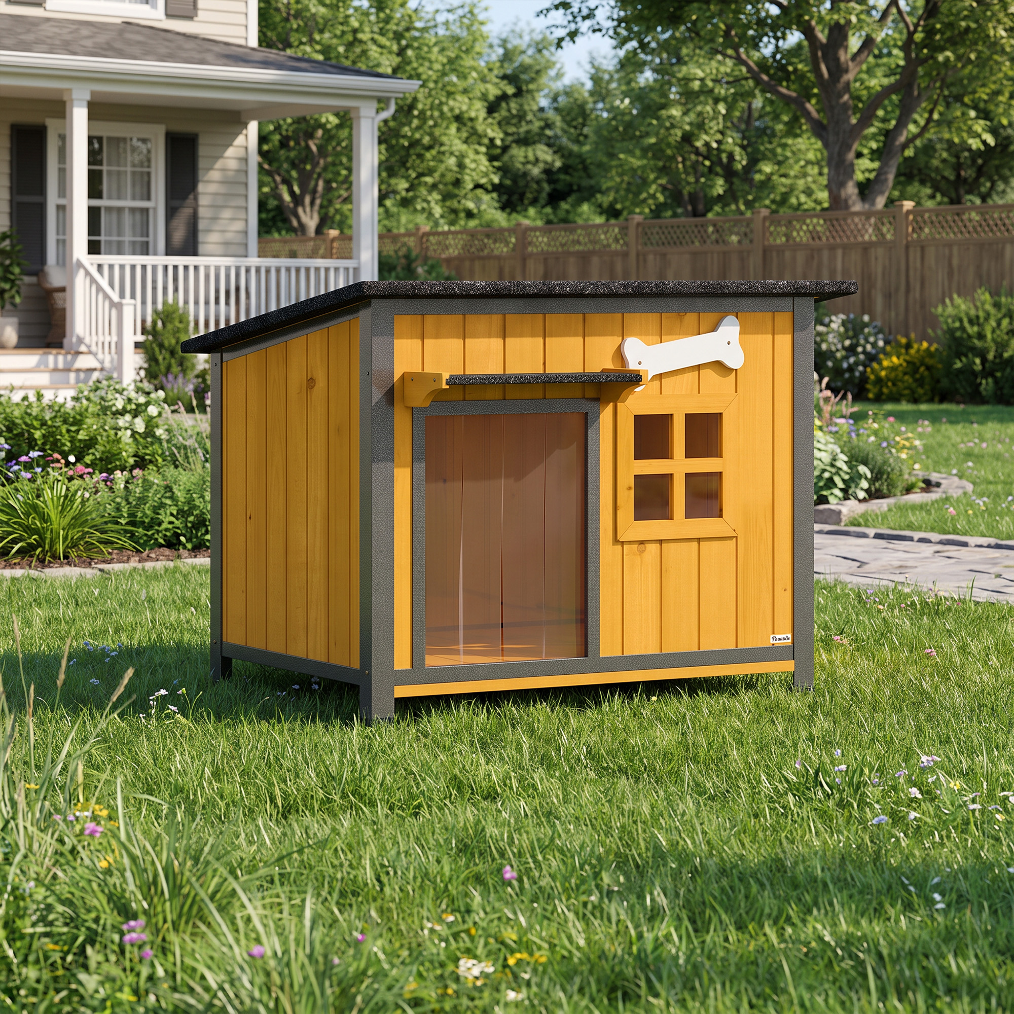 Hundehütte Holz Outdoor Hundehaus mit Asphalt-Dach zum Öffnen herausnehmbarem Boden Türvorhang Stahlrahmen 84,5x62x65cm