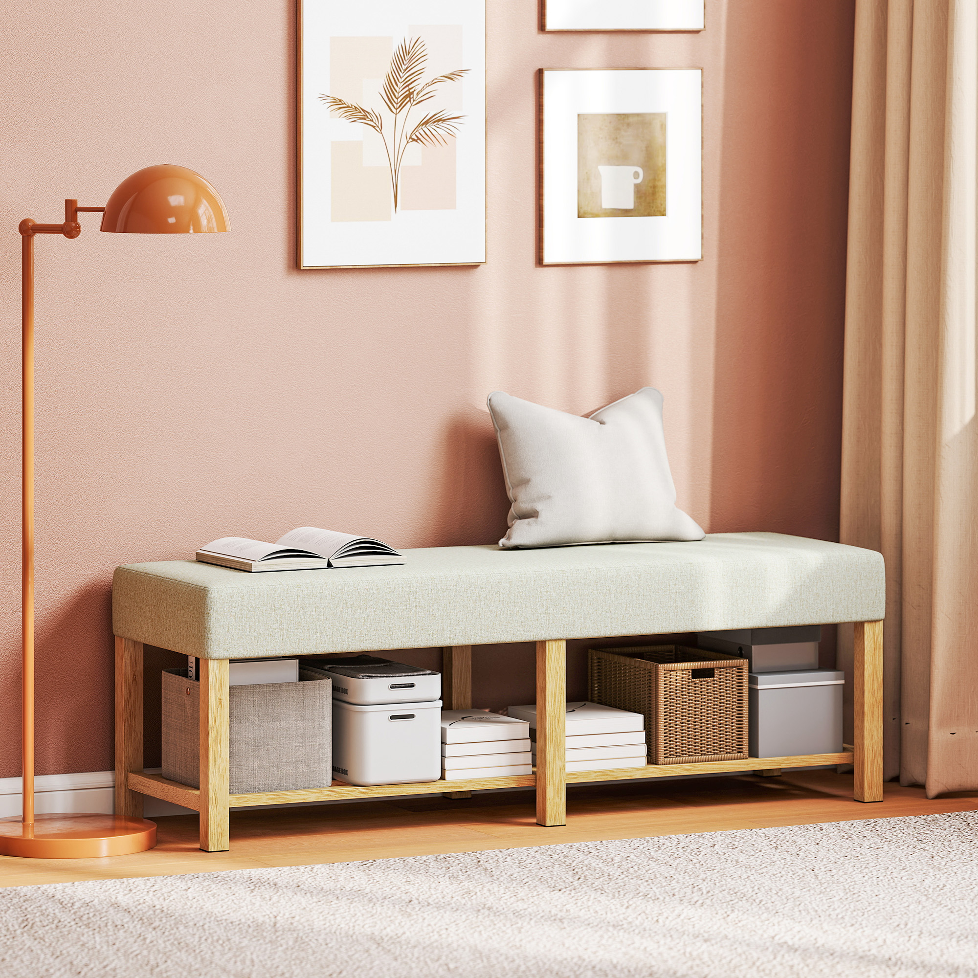 140 cm Schuhbank aus Massivholz, moderne Flurbank mit gepolsterter Sitzfläche für zwei Personen, Naturholz und Cremeweiß