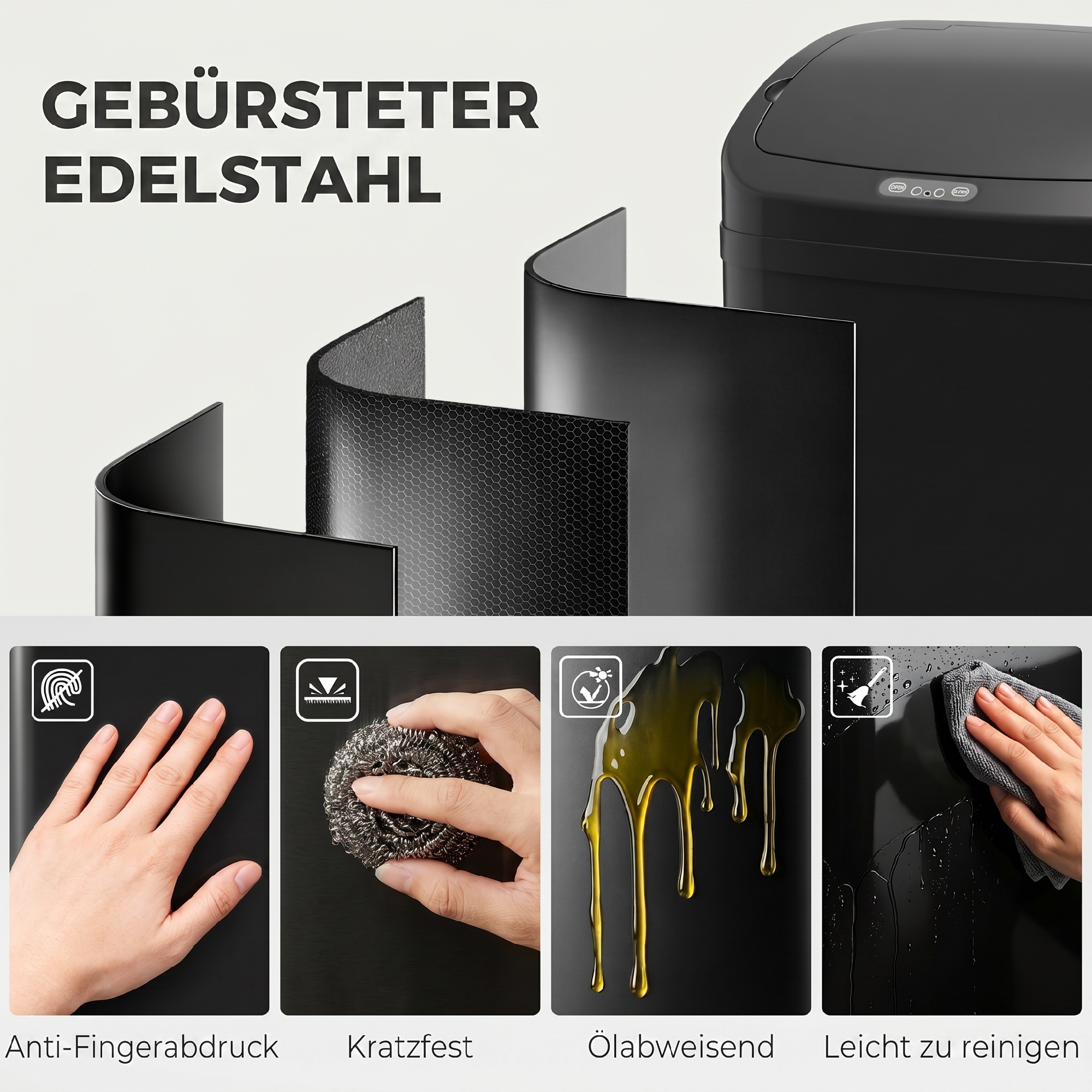 48l Sensor-Mülleimer für Küche oder Büro, automatische Schließ-Funktion, Edelstahl, Schwarz