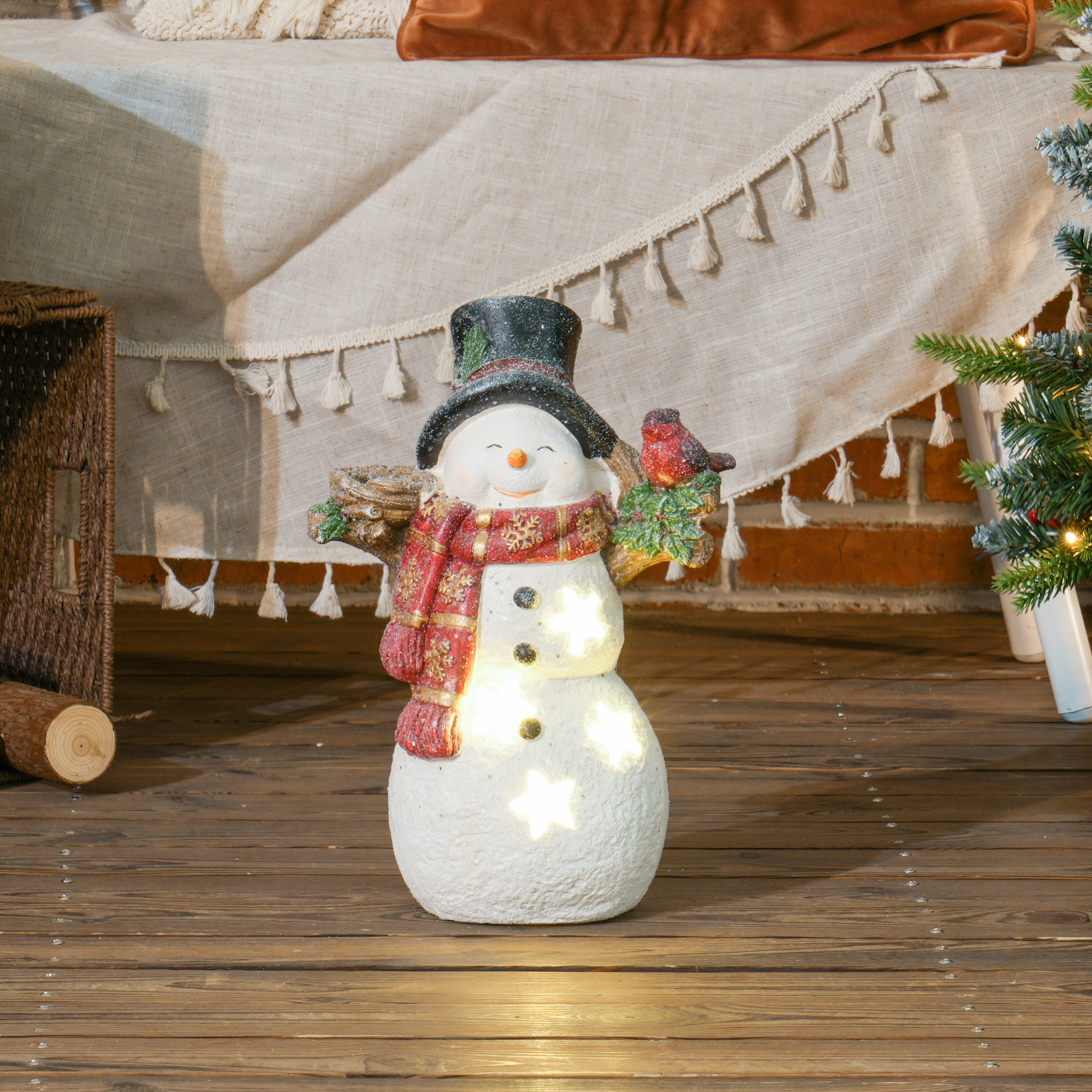 Weihnachtsdeko, Schneemann mit Vogel, 4 warmweiße LEDs, batteriebetrieben, 25 x 15,5 x 38 cm