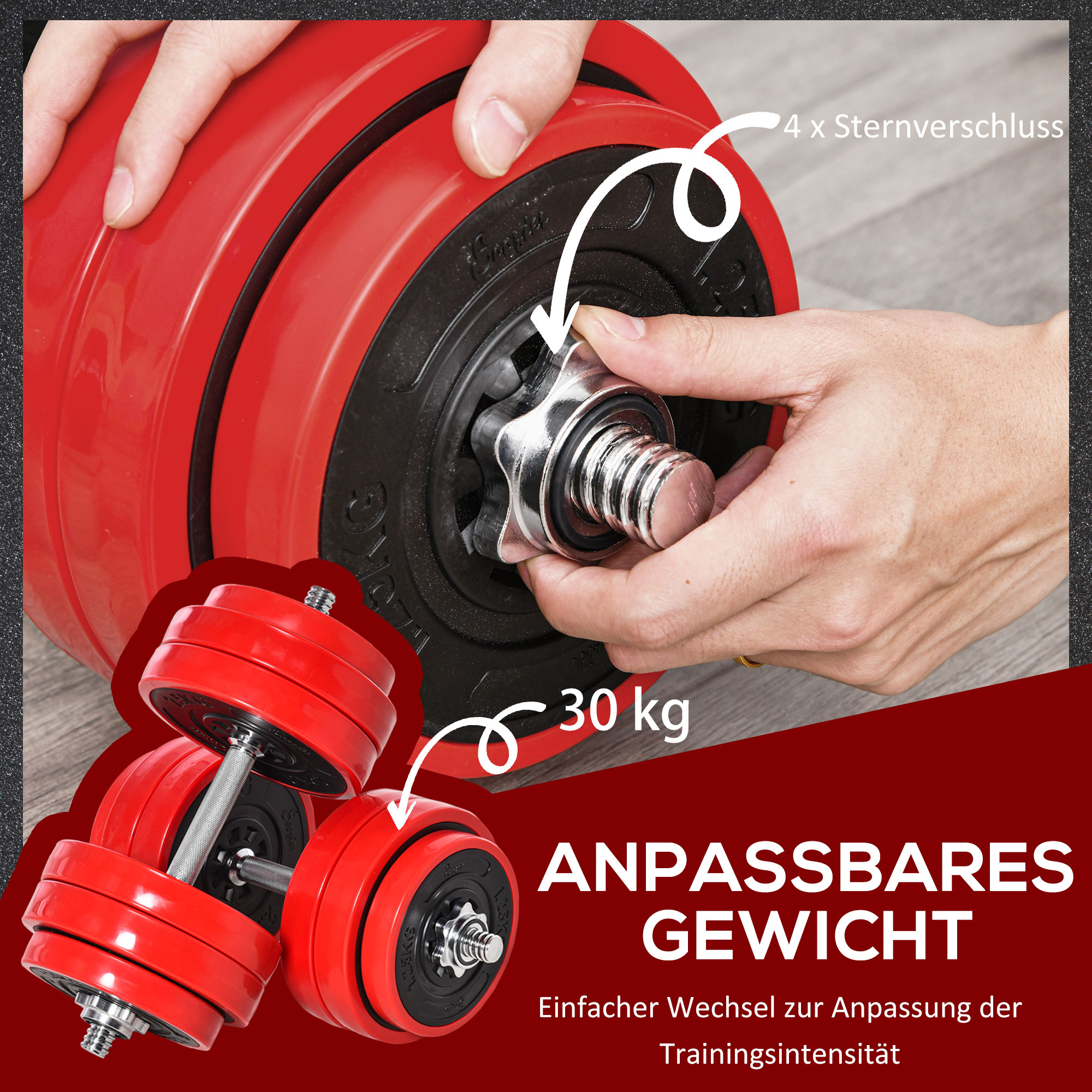 Hantelset 20/30KGS 2-IN-1 Hanteln&Langhanteln verstellbar Gewichtheben für Zuhause Fitness Muskel Stahl PP-Kunsstoff Eisen Sand Rot+Schwarz 21,5 x 21,5 x 3,8 cm