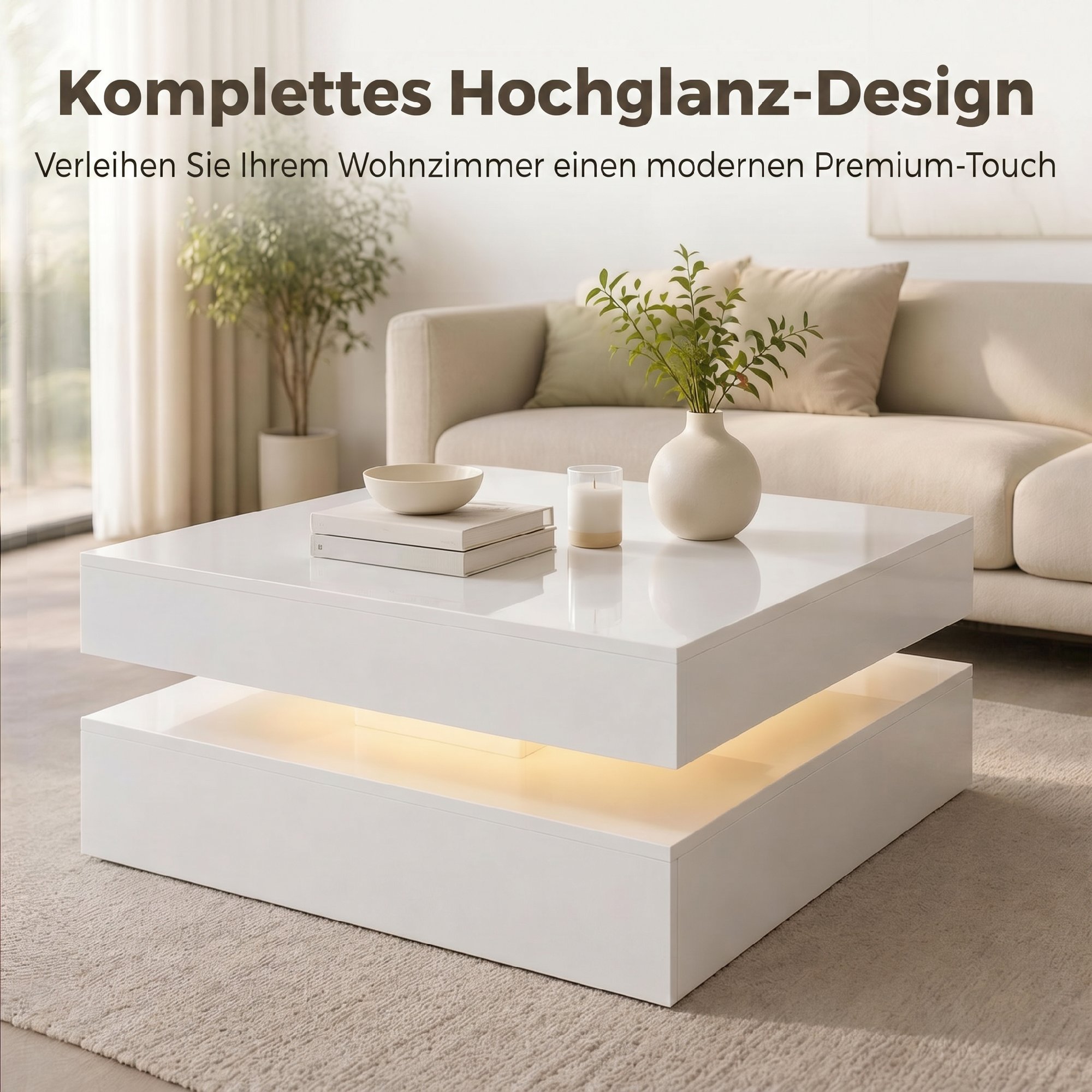 LED-Couchtisch mit Stauraum, 2-stufiger moderner Tisch mit offener Ablage und Fernbedienung, Hochglanz Weiß