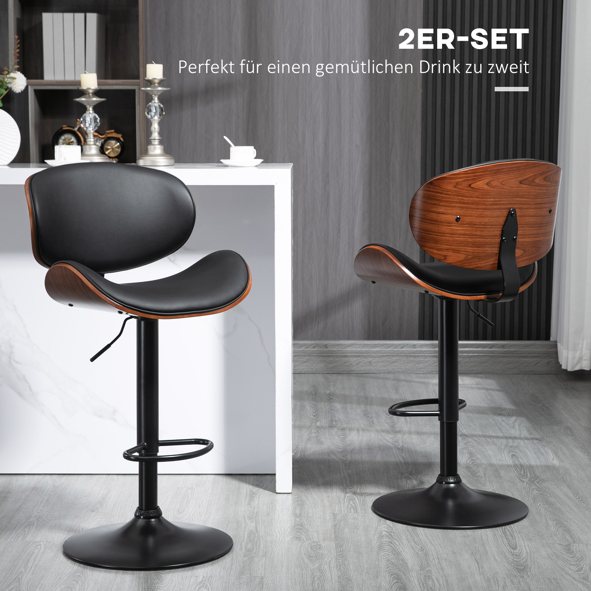 Barhocker-Set, höhenverstellbar, drehbar, Kunstleder, Stahlrahmen, schwarz, 53 x 50,5 x 112,5 cm