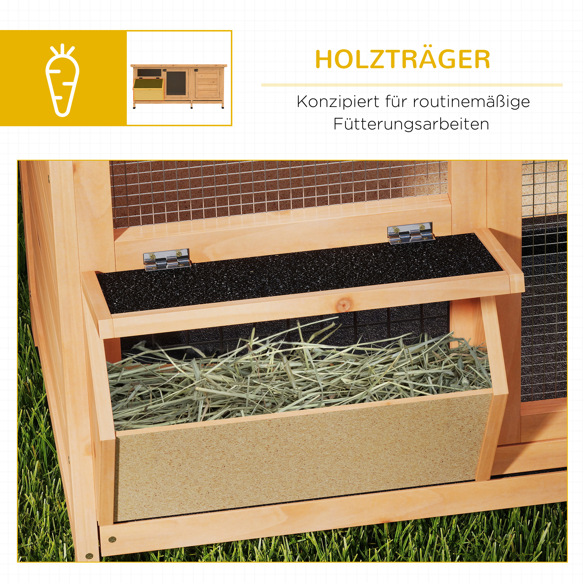Hasenstall Winterfest Kaninchenstall aus Holz 112x50x54 cm Kaninchenkäfig mit Bitumendach, 2 Türen, Metallgitter, Hasenkäfig für Kaninchen, Meerschweinchen Outdoor Natur+Schwarz
