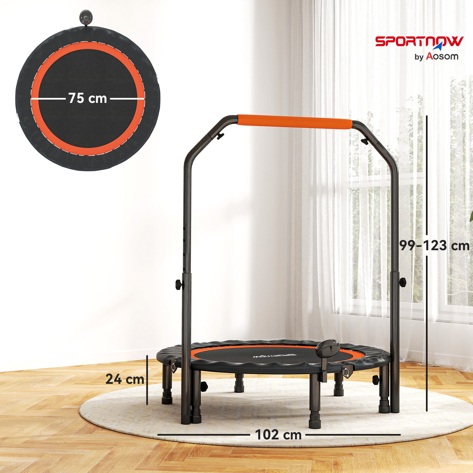 Mini-Trampolin, mit höhenverstellbarem Haltegriff, LCD-Monitor, Stahl, schwarz+rot, Ø102 x 99-123cm