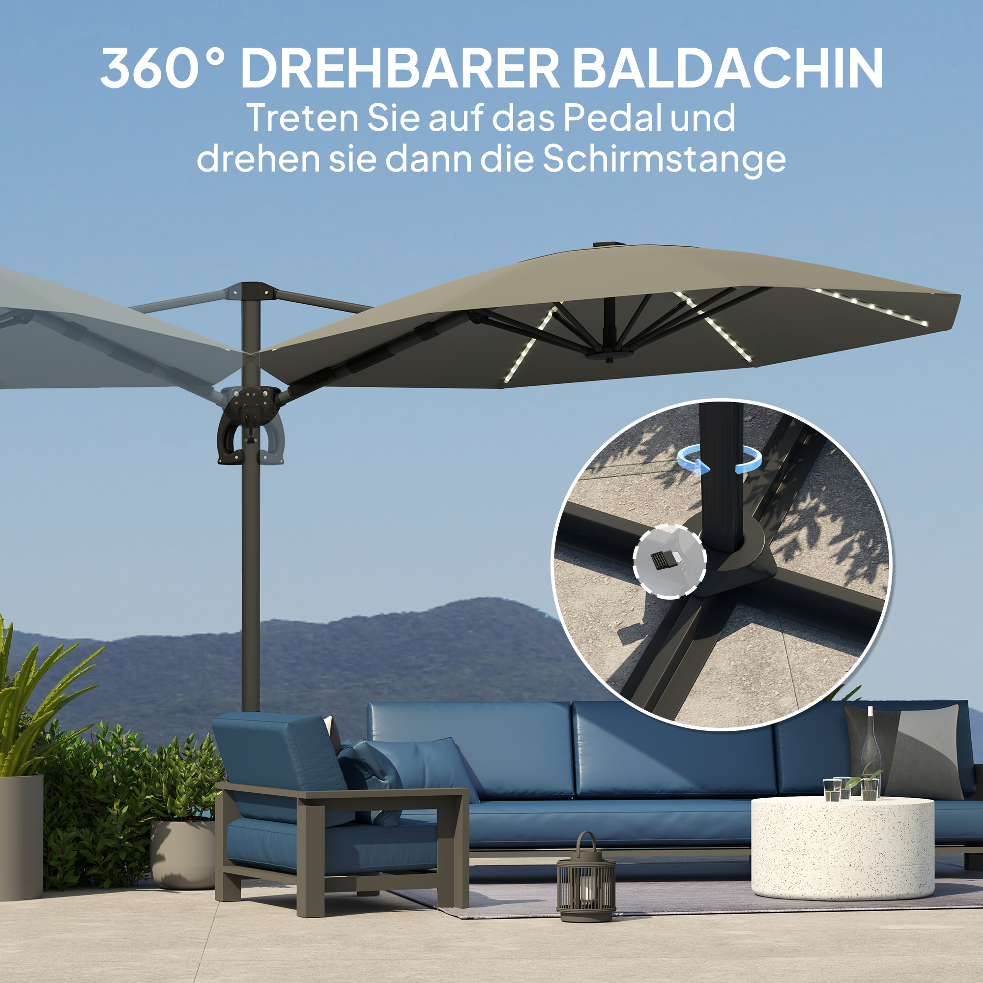 Alu Ampelschirm LED Solar Ø300 cm höhenverstellbar Sonnenschirm mit Kurbel Ständer UV50+ Dunkelgrau