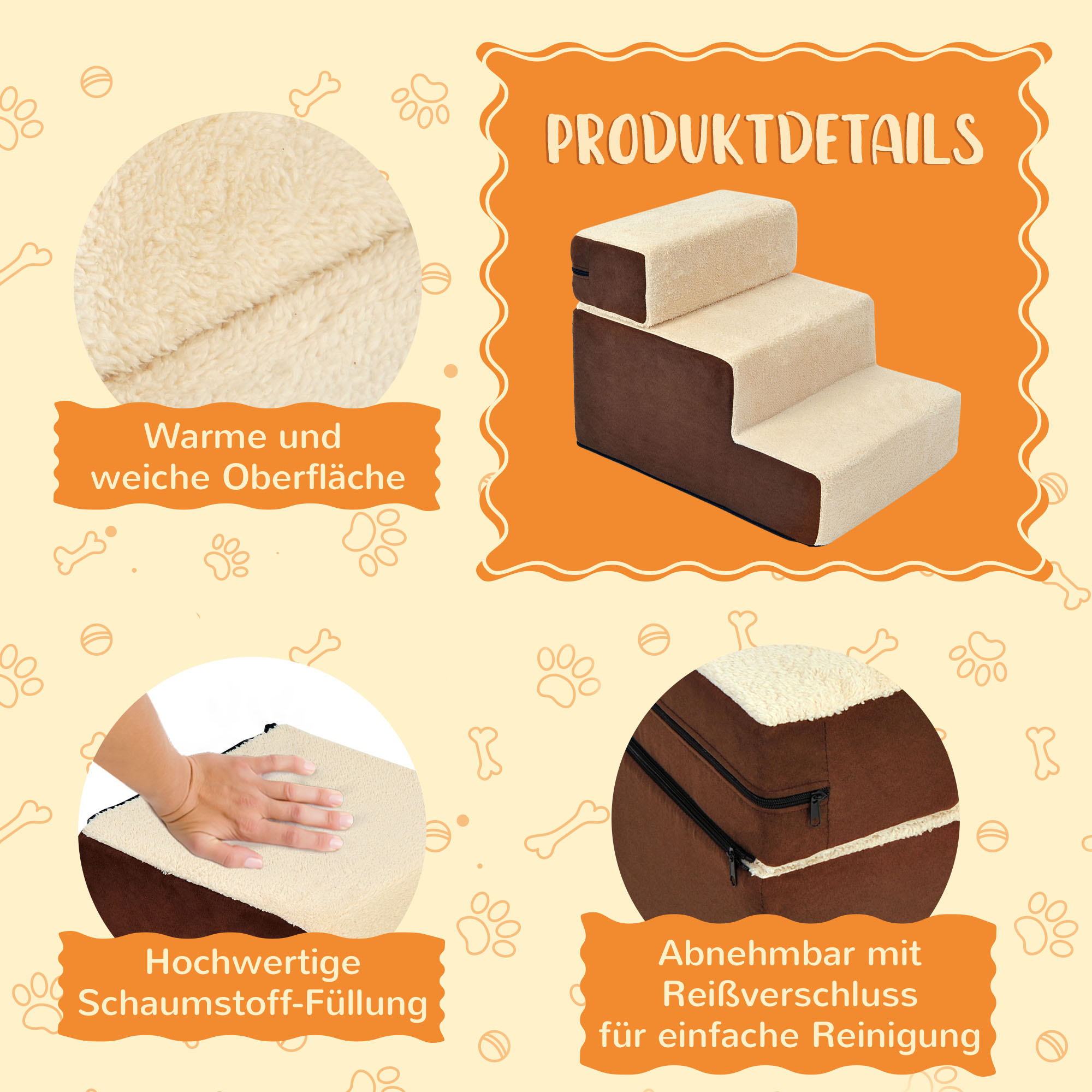 Haustiertreppe Hundetreppe Katzentreppe 3 Stufen für Katzen und Hunde Plüsch Beige 54 x 40 x 39cm