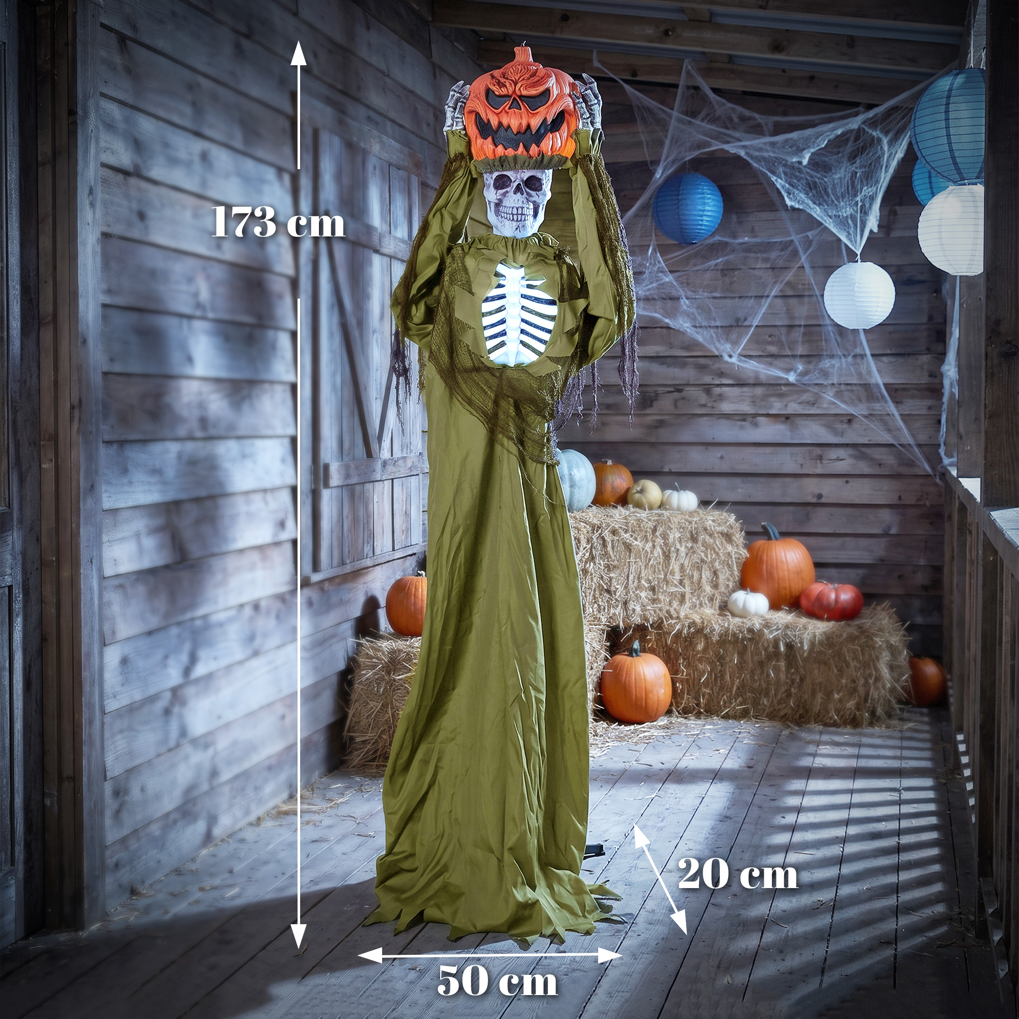 animiertes Pop-up-Kürbis-Skelett, 173 cm, gruselige Halloween-Deko mit Licht sowie Sound- und Berührungsaktivierung