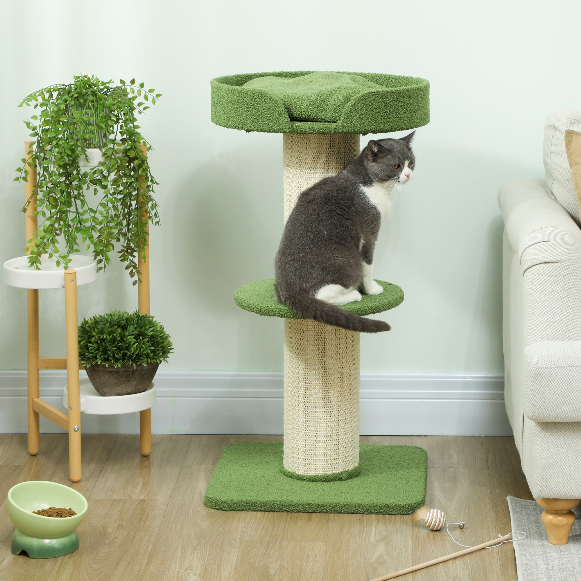 Katzenbaum  91cm Spielbaum mit Katzenbett, Plattform Lammwolle Grün