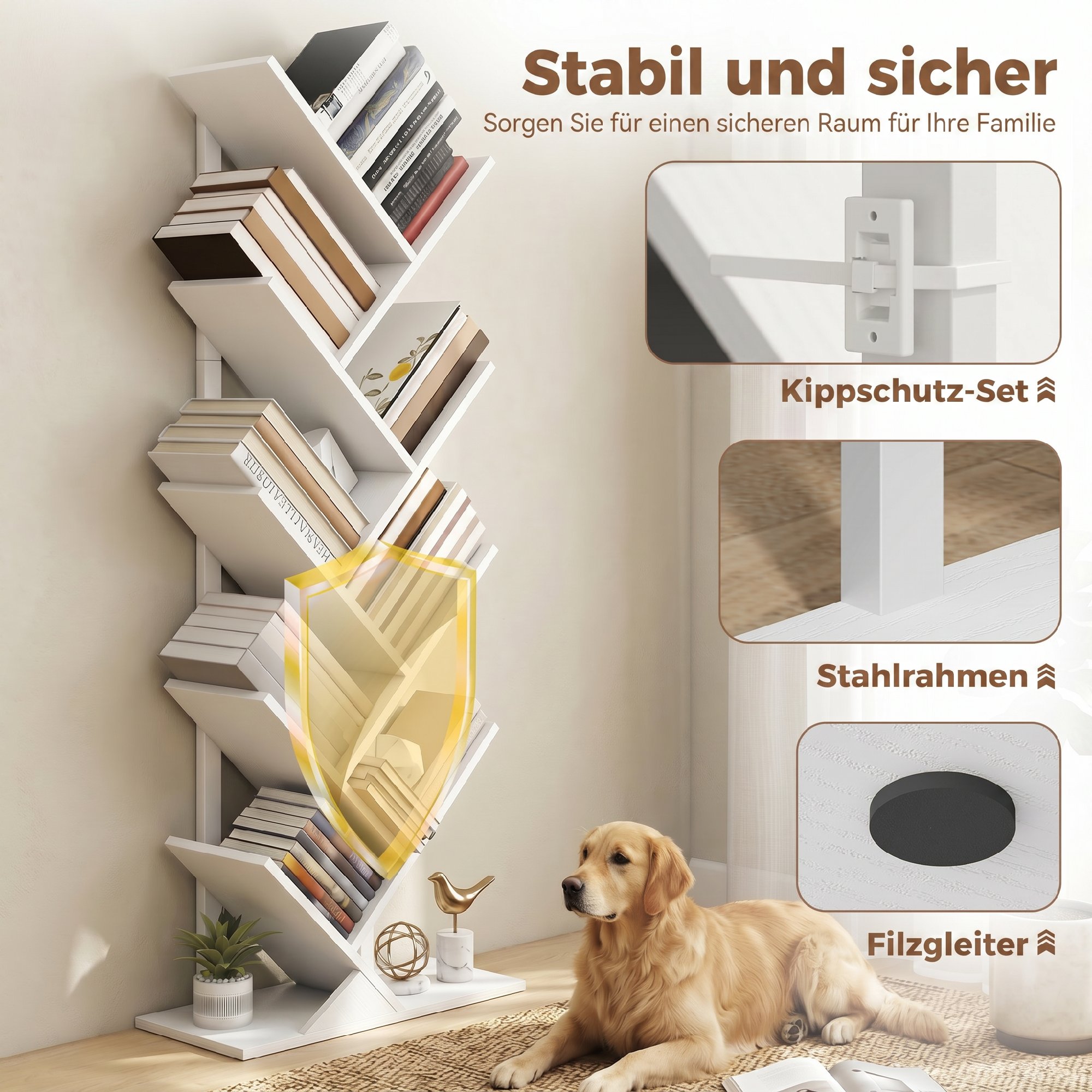9-stufiges Baum-Bücherregal, freistehendes industrielles Bücherregal mit Stahlrahmen, Aufbewahrungseinheit für CDs, DVDs, Weiß