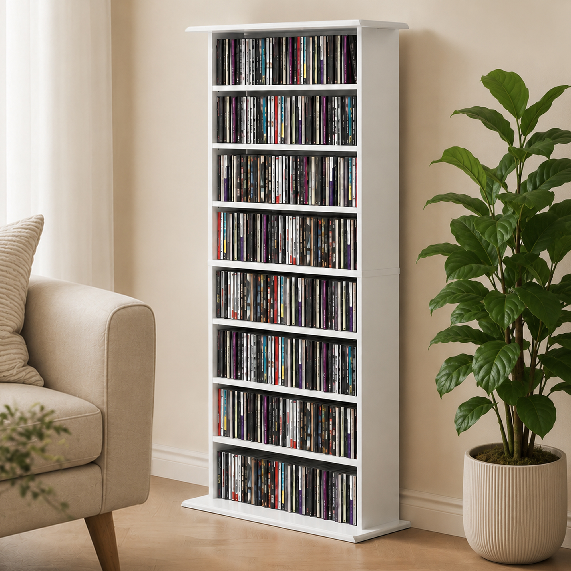 Schmaler Medienschrank, 8 Ebenen, 6 verstellbare Einlegeböden, 8 Fächer, für 360 CDs, Weiß
