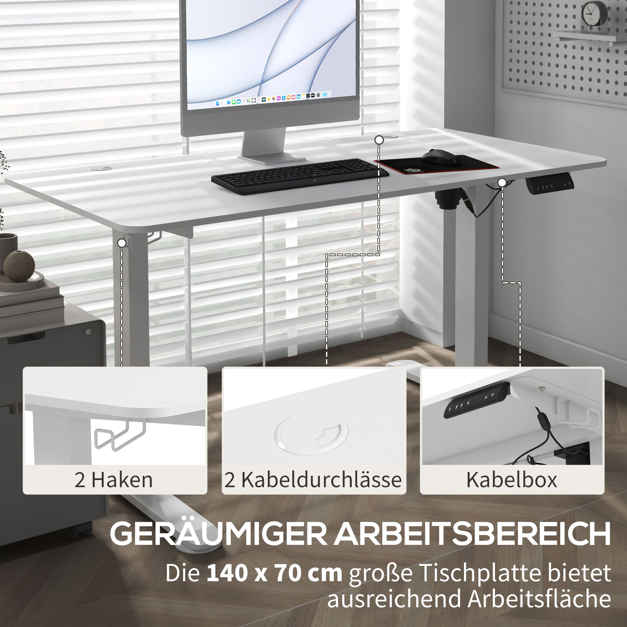 Stehpult höhenverstellbarer Computertisch Schreibtisch, 140 cm x 70 cm x 116 cm, Weiß