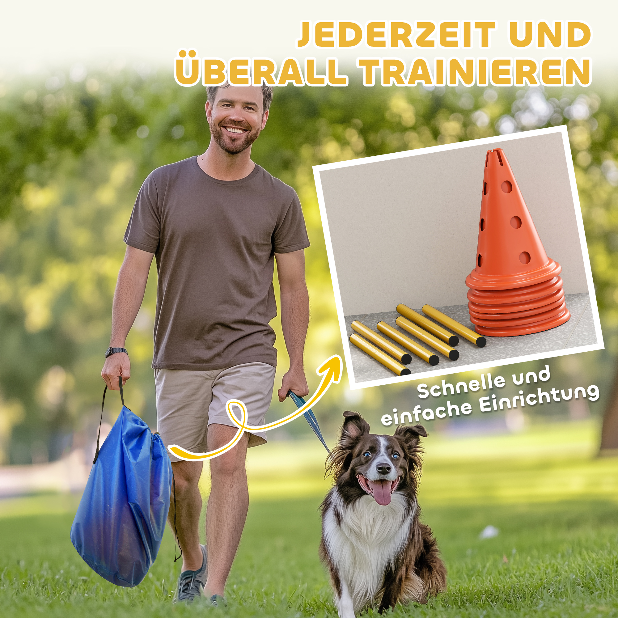 Agility Set Hunde 3-teiliges Agility-Ausrüstung für Hundetraining Steckhürdenset mit 6 Kegel 3 Hürden Tragetasche