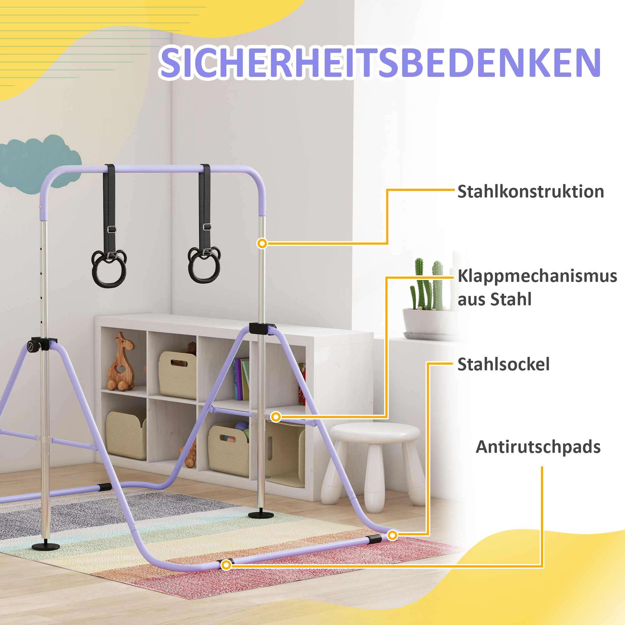 Kinder-Turnbarren mit Ringen, höhenverstellbar, klappbar, rutschfest, Stahlrahmen, 148x105x88-128 cm, Pink