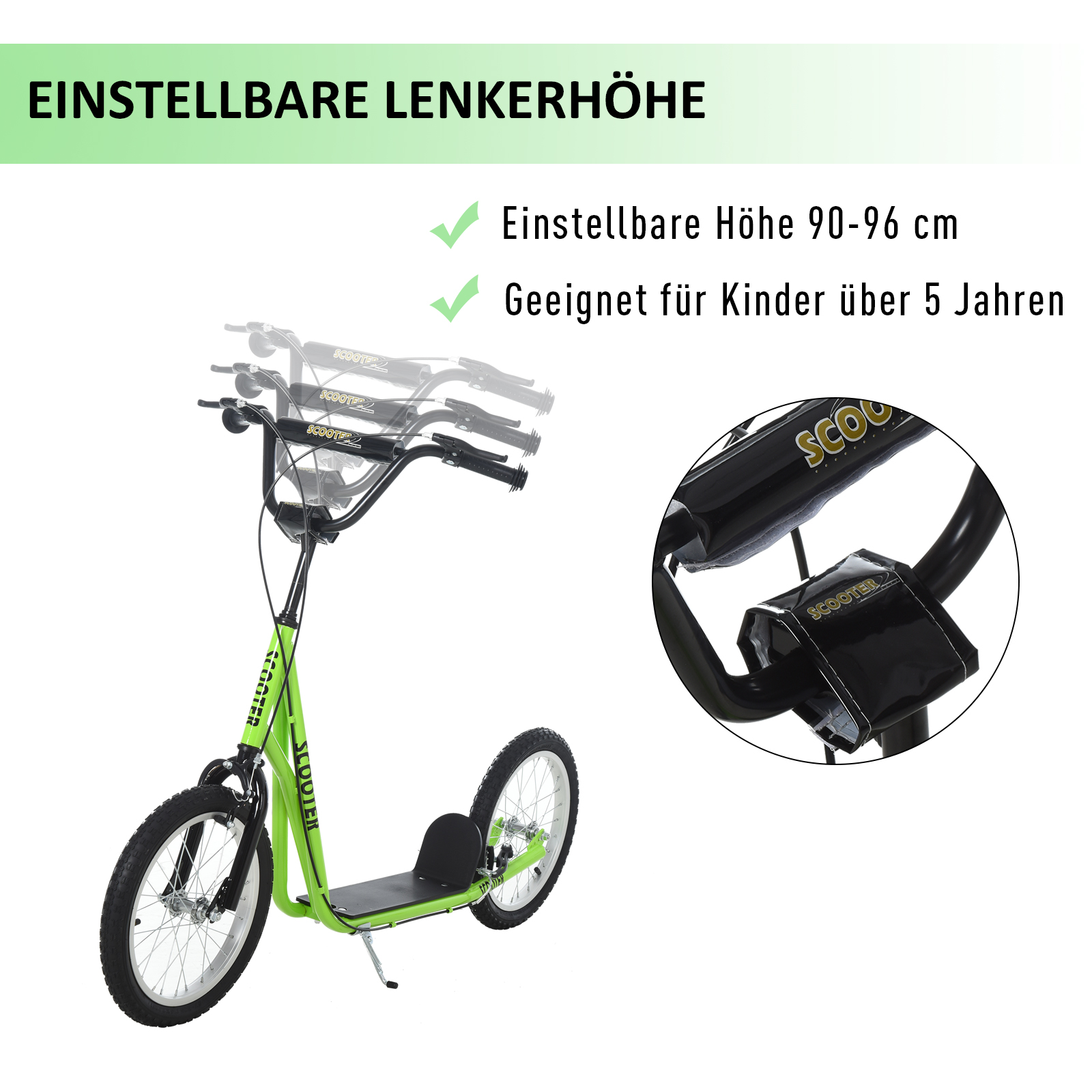 Kinderroller Scooter Tretroller Cityroller Kickscooter Roller Kinder Kickboard mit Luftreifen und Handbremse Scooter Kinder ab 5 Jahre 16 Zoll Grün 139 x 58 x 90-96 cm