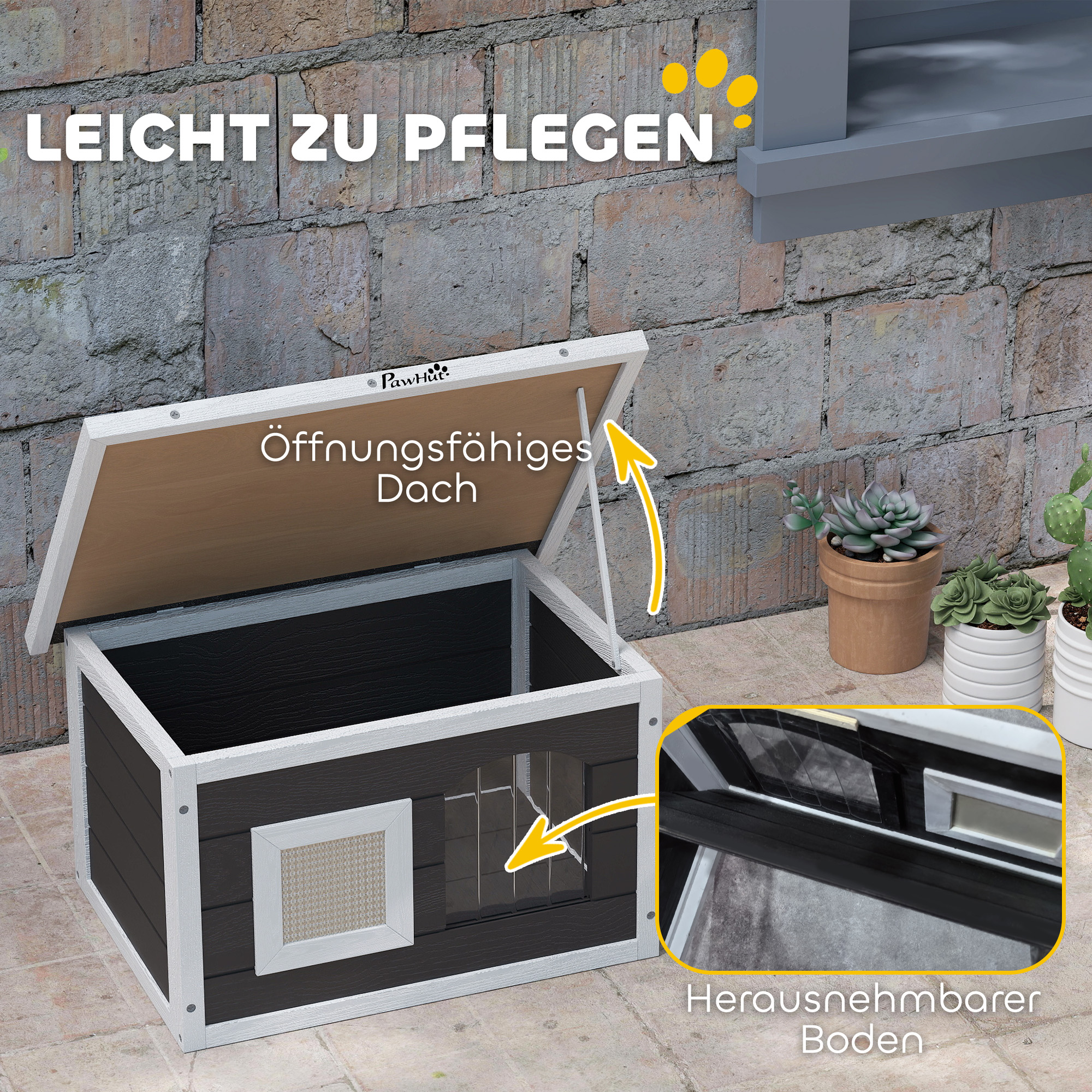 Katzenhaus, Rückzugsort für Katzen und Kaninchen, Holzhaus mit Kratzmatte, Türklappe, 61 x 45 x 36,5 cm, Grau