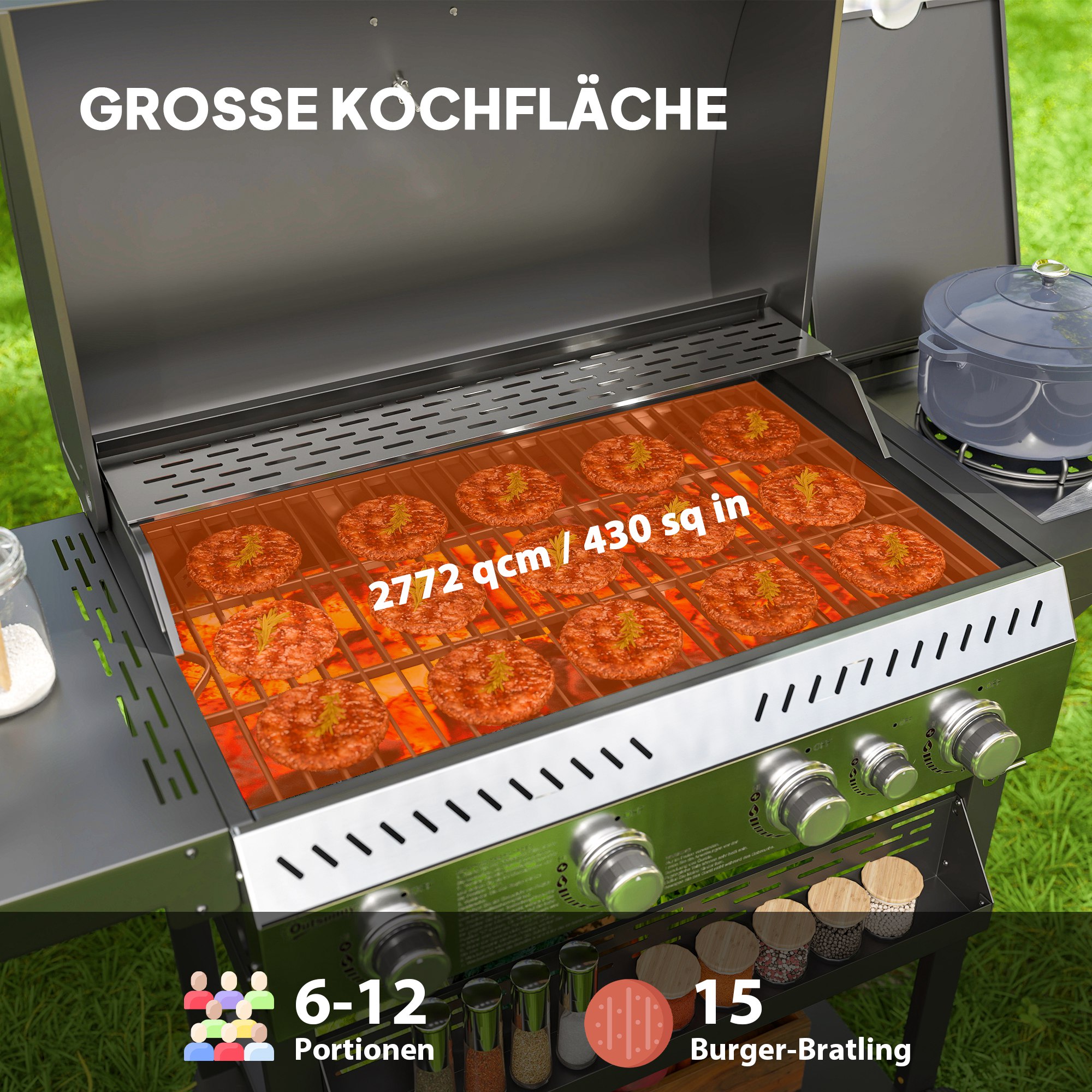 Gasgrill, BBQ-Grill, 4 Hauptbrenner, 1 Seitenkocher, 1 Warmhalteplatte; 135 x 55 x 103 cm, Schwarz