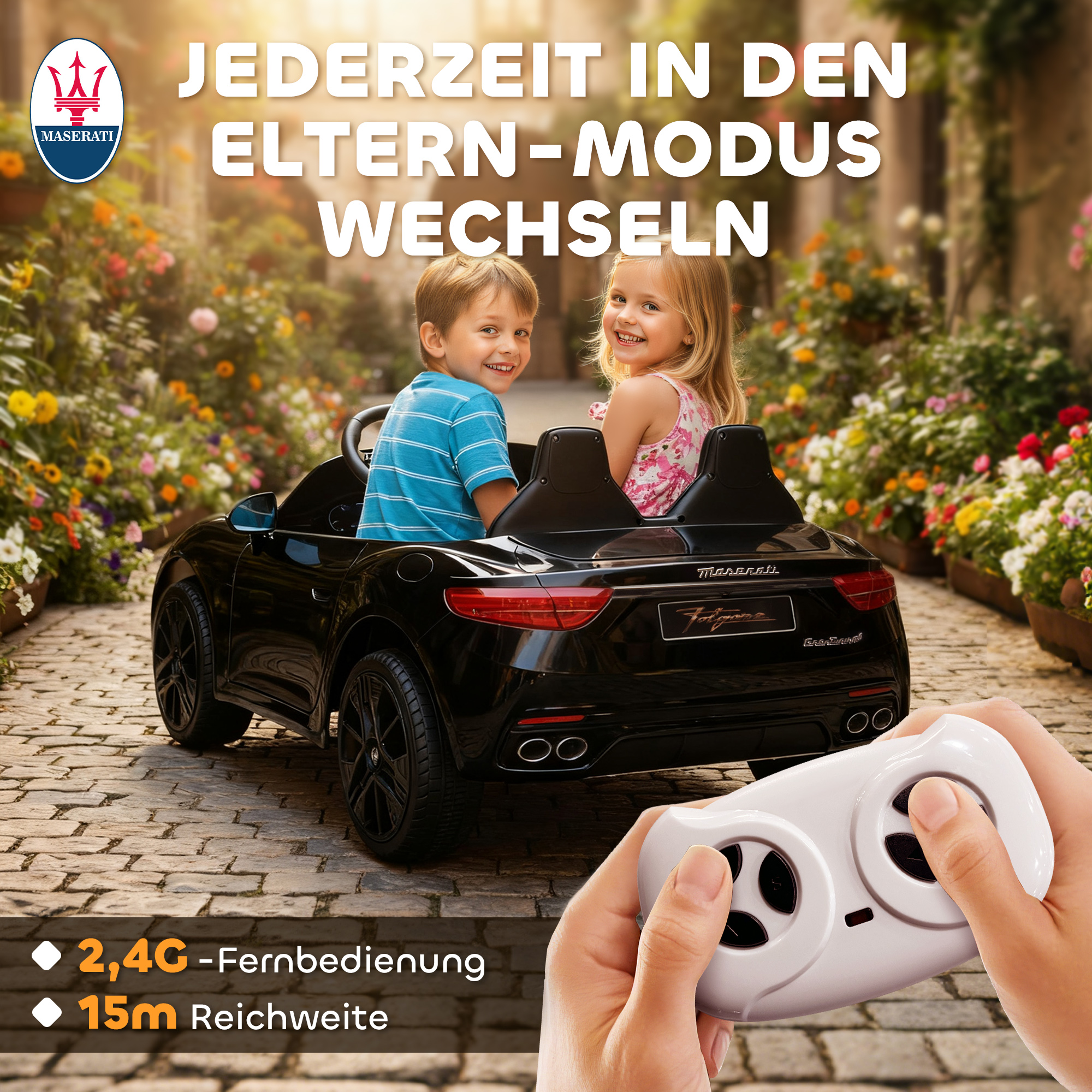 Maserati Elektroauto für Kinder, 2-Sitzer, 12V Batteriebetrieb, Fernbedienung, LED-Lichter, Musikfunktion, Schwarz