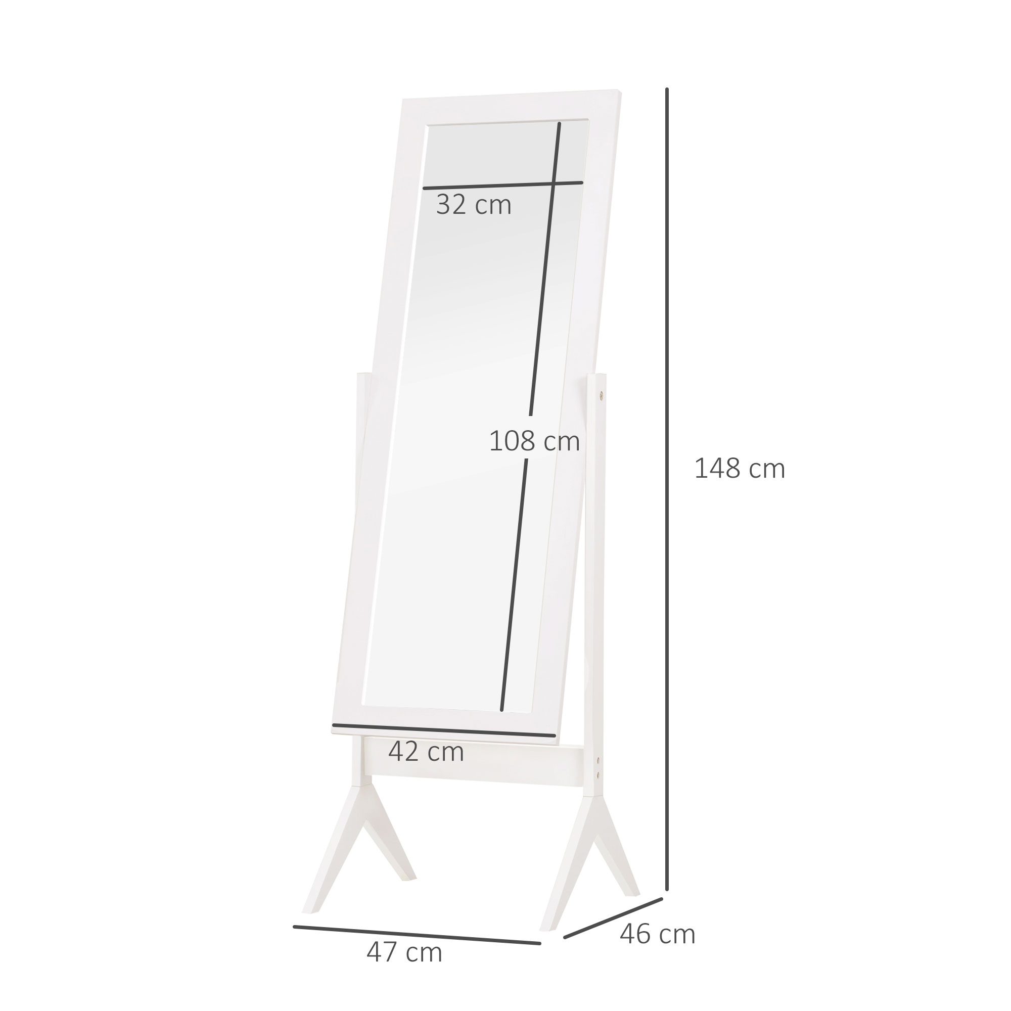 Standspiegel Ganzkörperspiegel Schminkspiegel erhöhte Füße Pflegeleicht MDF Weiß 47 x 46 x 148 cm