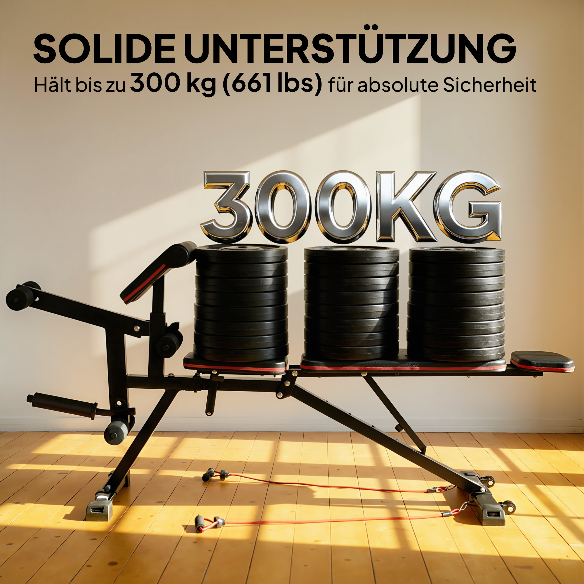 Hantelbank verstellbar bis 300 kg 3 in 1 Trainingsbank mit Rollen Beinstrecker Curlpult Kopfstütze Widerstandsbändern